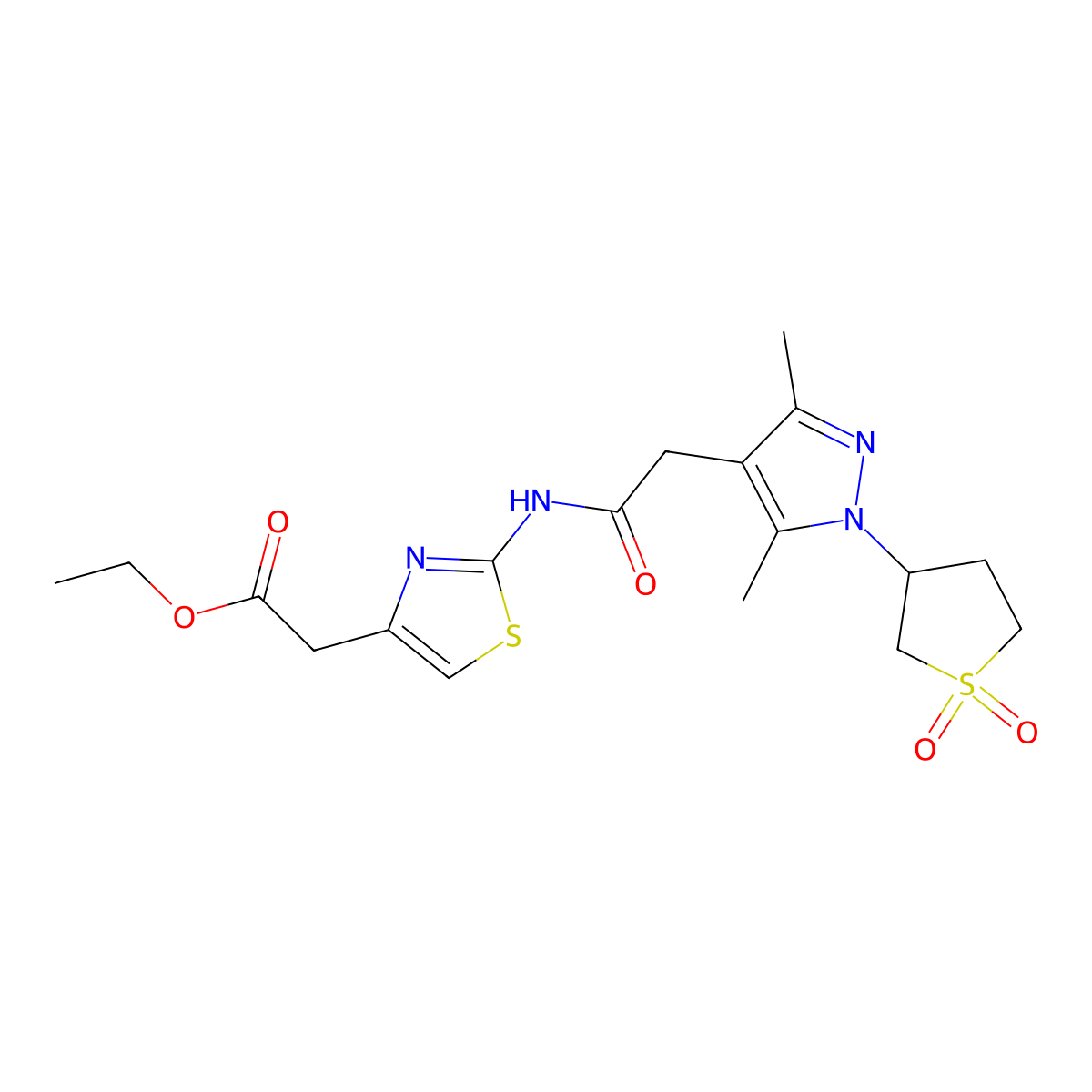 ethyl 2-(2-(2-(1-(1,1-dioxidotetrahydrothiophen-3-yl)-3,5-dimethyl-1H-pyrazol-4-yl)acetamido)thiazol-4-yl)acetate molecular structure, CAS 1207035-13-9
