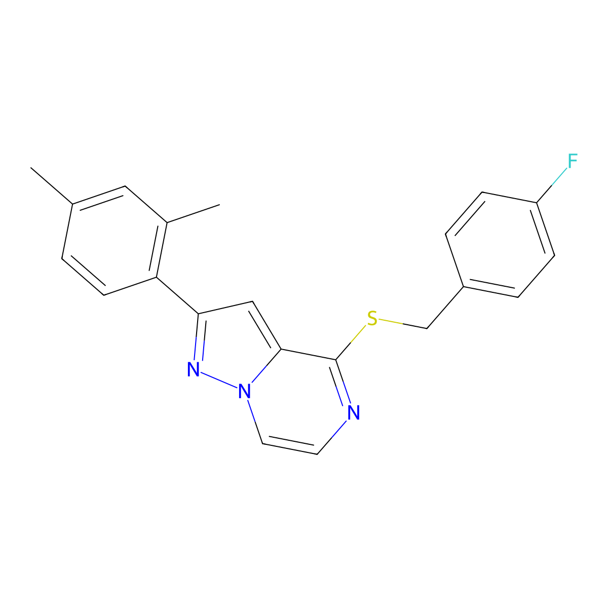 2-(2,4-Dimethylphenyl)-4-[(4-fluorobenzyl)thio]pyrazolo[1,5-a]pyrazine molecular structure, CAS 1207035-19-5
