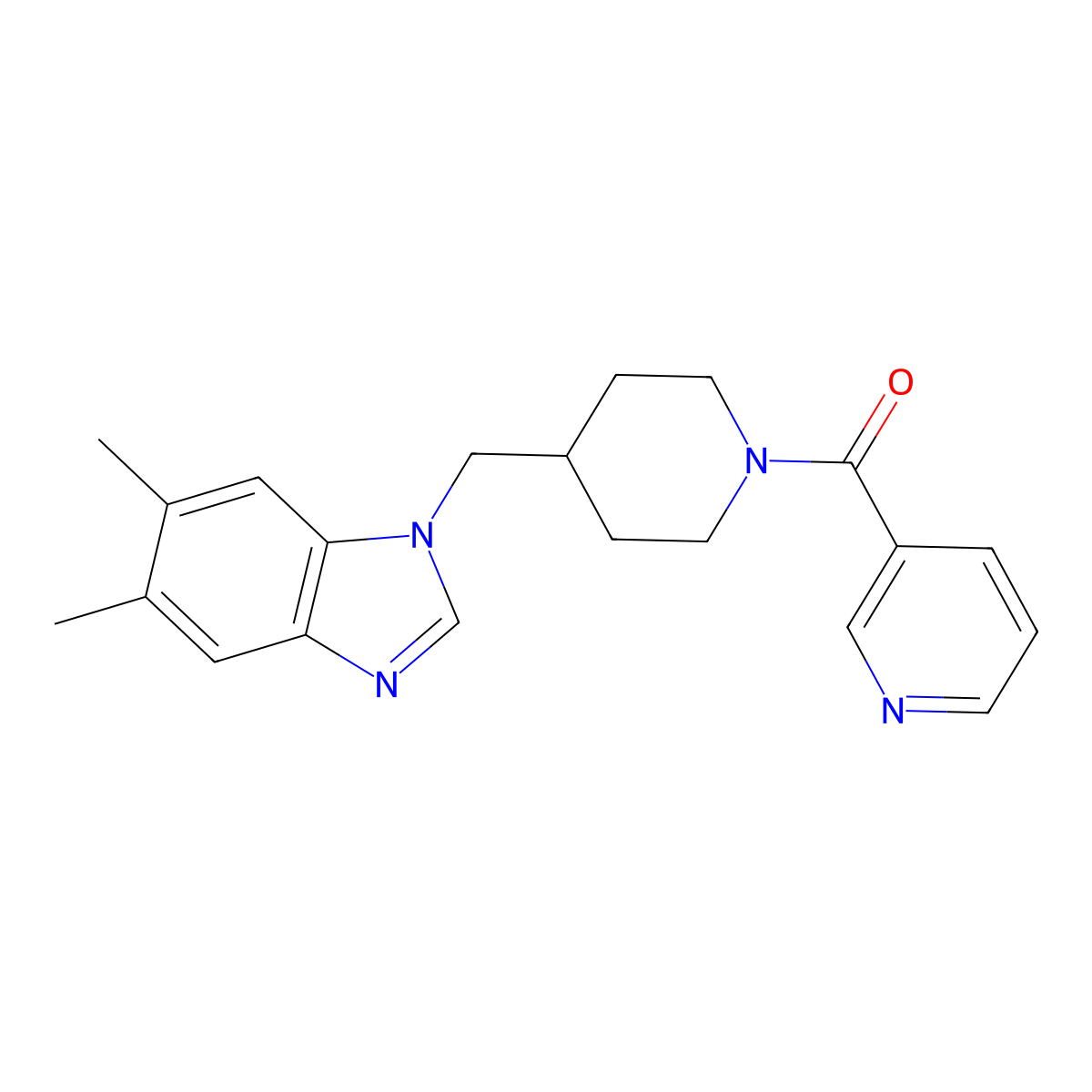 (4-((5,6-dimethyl-1H-benzo[d]imidazol-1-yl)methyl)piperidin-1-yl)(pyridin-3-yl)methanone molecular structure, CAS 1207035-23-1