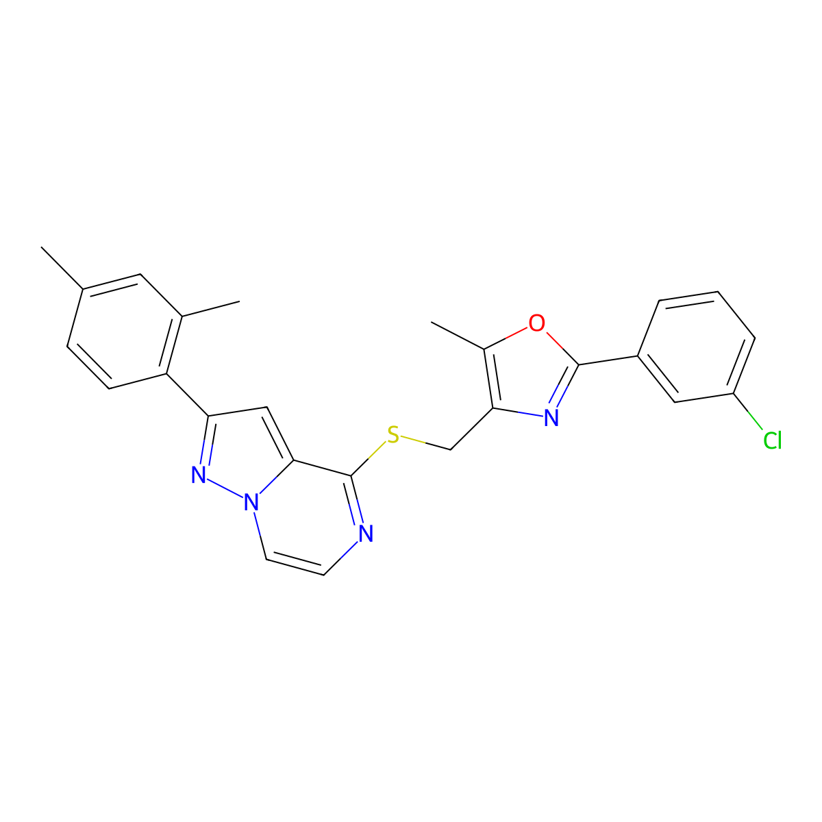 2-(3-Chlorophenyl)-4-(((2-(2,4-dimethylphenyl)pyrazolo[1,5-a]pyrazin-4-yl)thio)methyl)-5-methyloxazole molecular structure, CAS 1207035-25-3