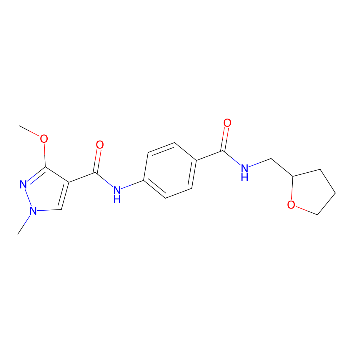 3-methoxy-1-methyl-N-(4-(((tetrahydrofuran-2-yl)methyl)carbamoyl)phenyl)-1H-pyrazole-4-carboxamide molecular structure, CAS 1207035-50-4