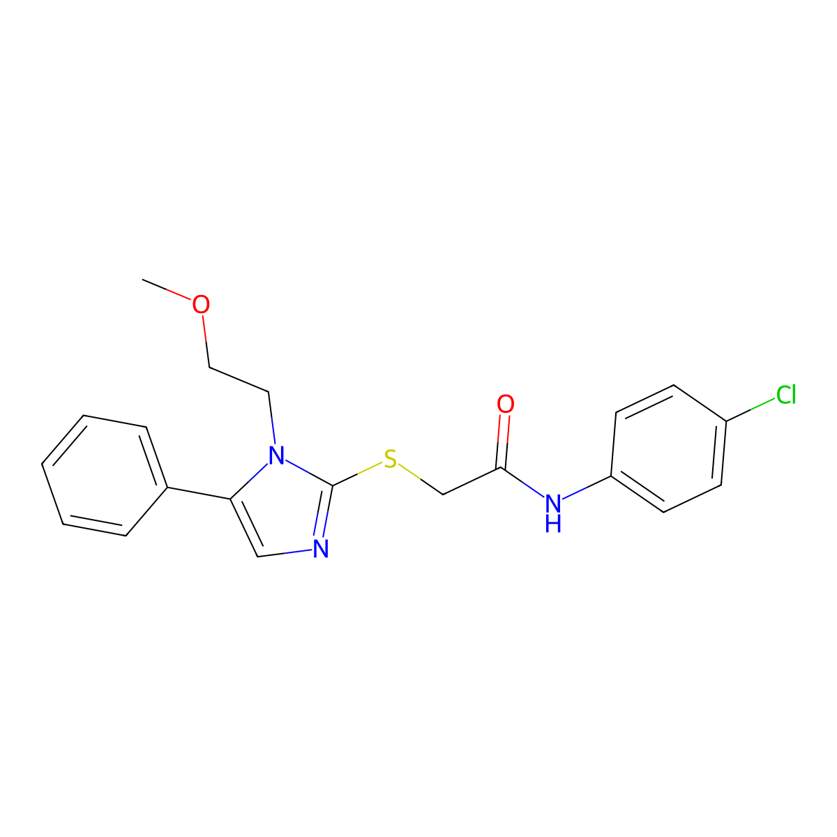 N-(4-chlorophenyl)-2-((1-(2-methoxyethyl)-5-phenyl-1H-imidazol-2-yl)thio)acetamide molecular structure, CAS 1207035-60-6