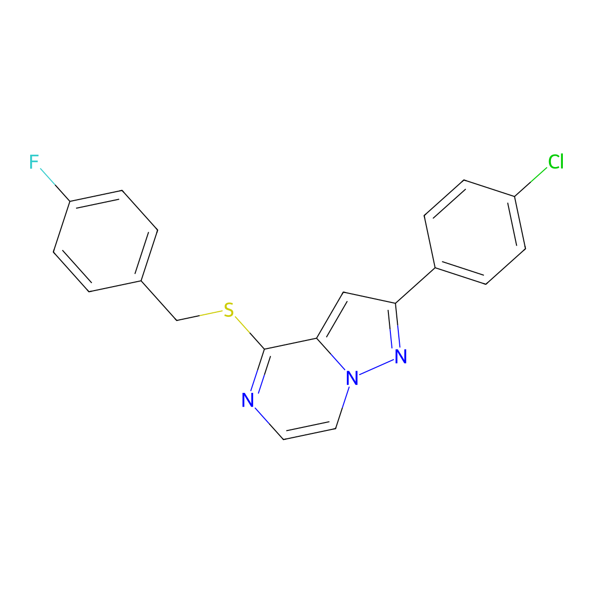 2-(4-Chlorophenyl)-4-[(4-fluorobenzyl)thio]pyrazolo[1,5-a]pyrazine molecular structure, CAS 1207035-67-3