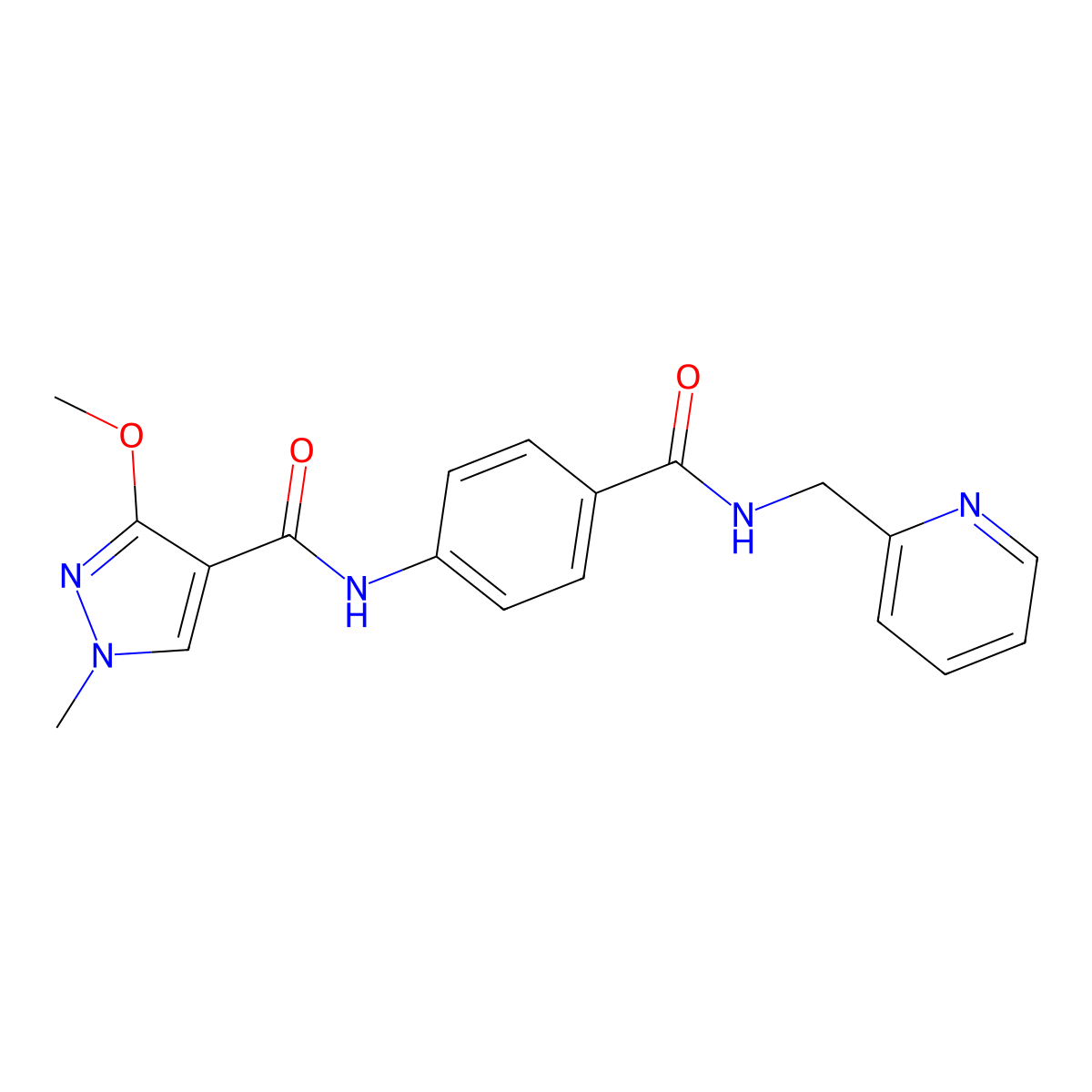 3-methoxy-1-methyl-N-(4-((pyridin-2-ylmethyl)carbamoyl)phenyl)-1H-pyrazole-4-carboxamide molecular structure, CAS 1207035-73-1