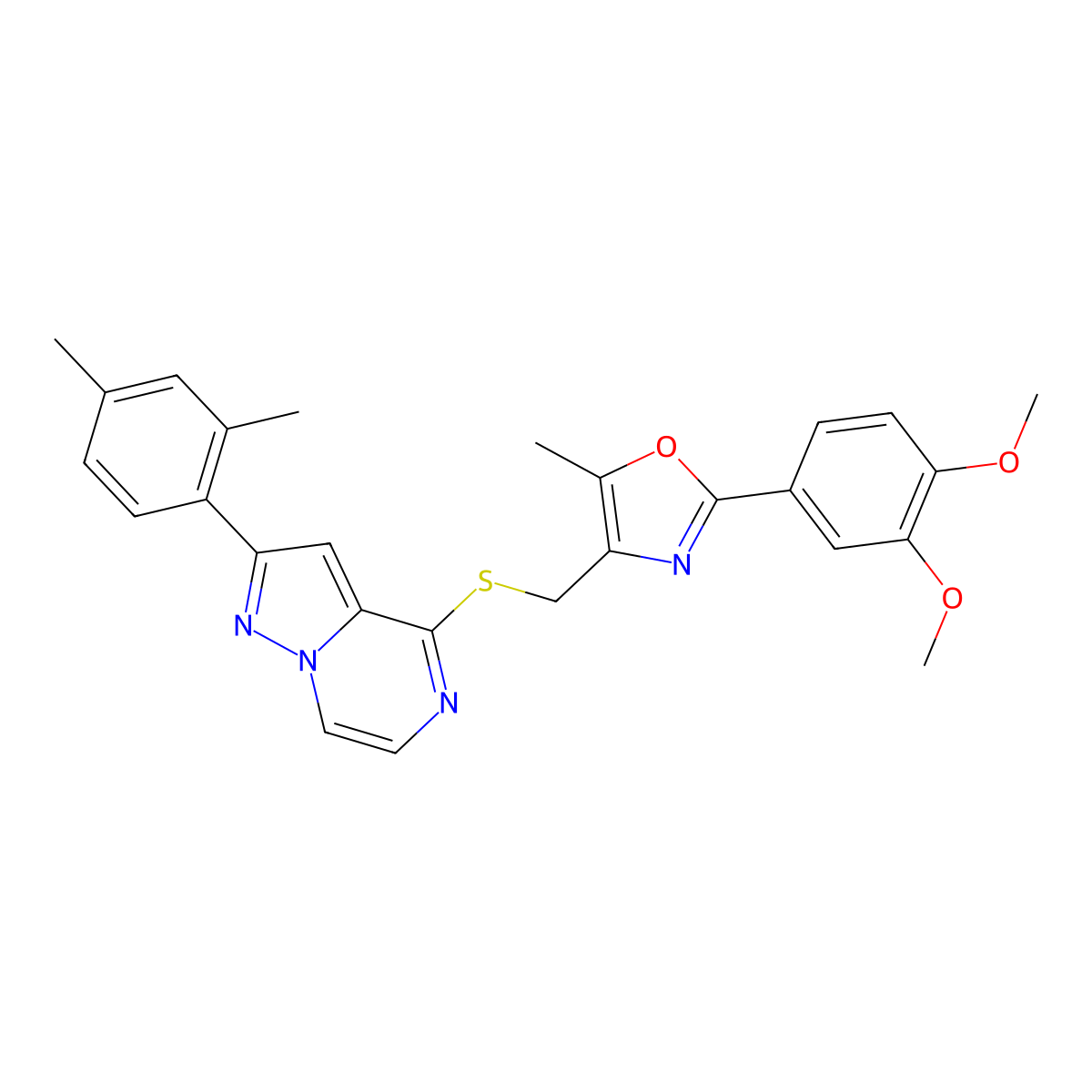 2-(3,4-Dimethoxyphenyl)-4-({[2-(2,4-dimethylphenyl)pyrazolo[1,5-A]pyrazin-4-YL]sulfanyl}methyl)-5-methyl-1,3-oxazole molecular structure, CAS 1207035-78-6