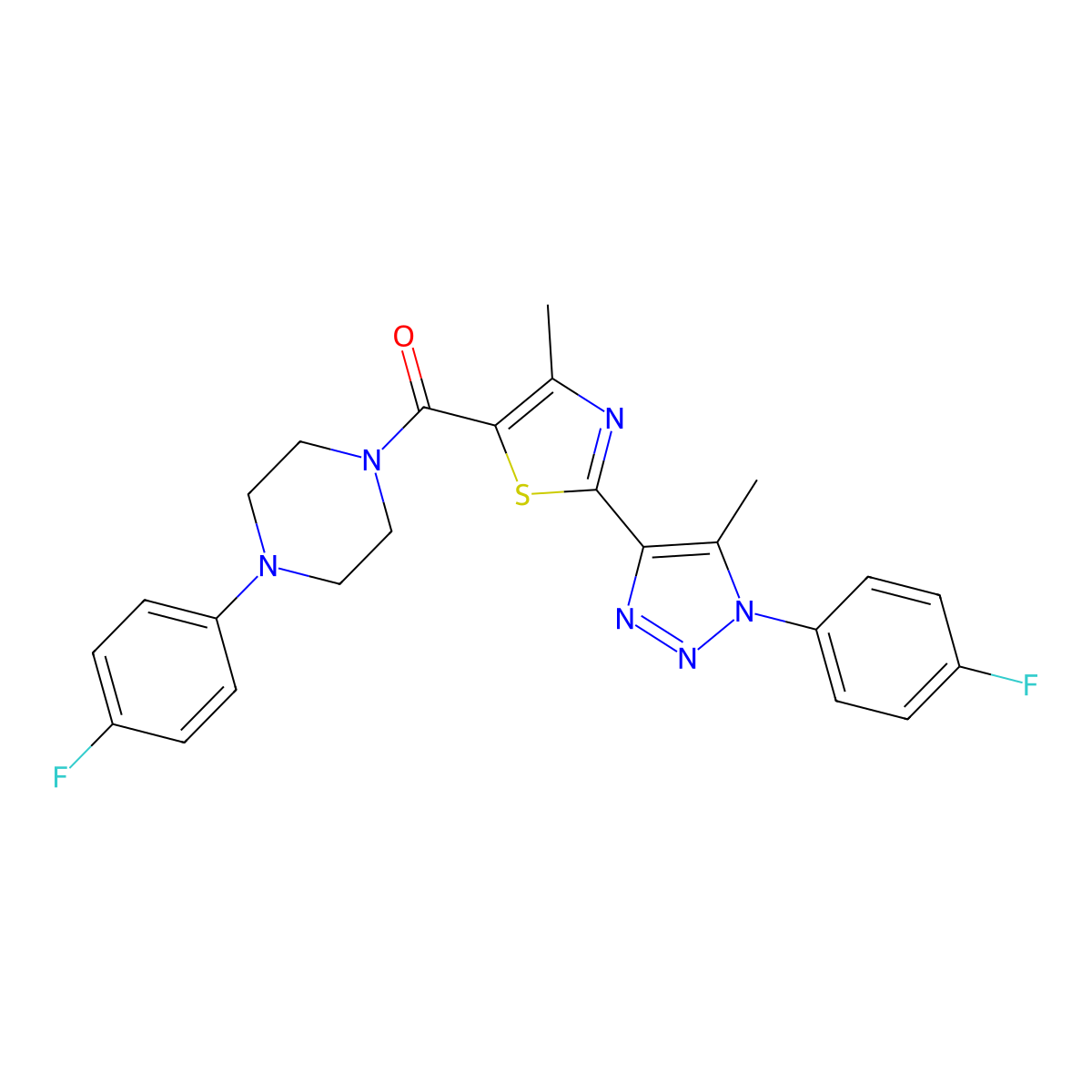 (2-(1-(4-fluorophenyl)-5-methyl-1H-1,2,3-triazol-4-yl)-4-methylthiazol-5-yl)(4-(4-fluorophenyl)piperazin-1-yl)methanone molecular structure, CAS 1207035-82-2