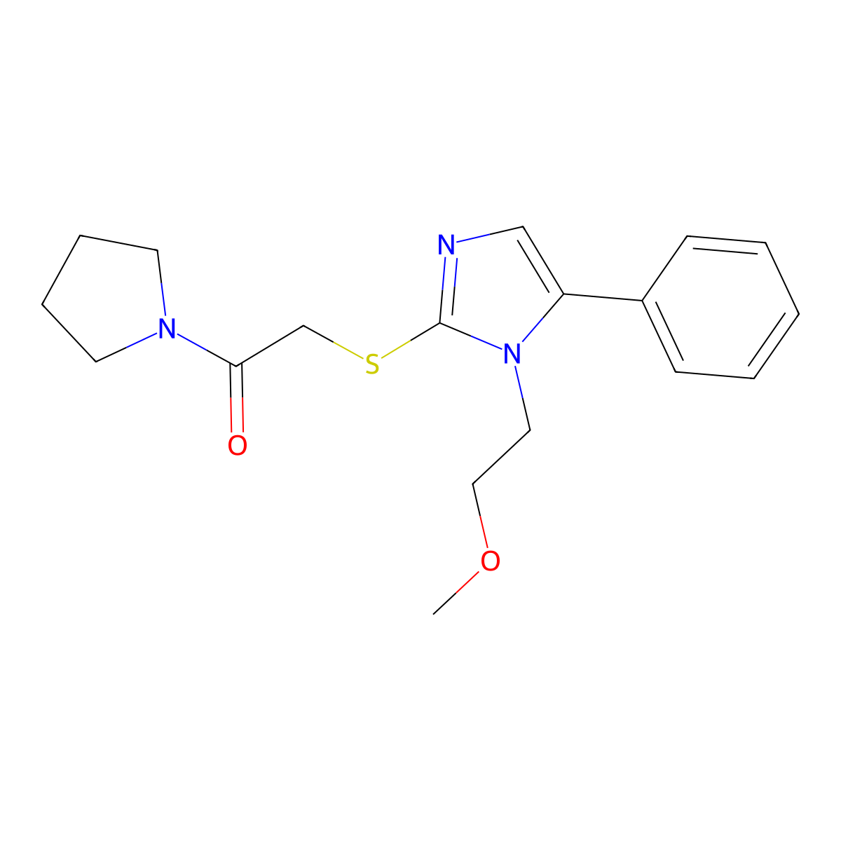 2-((1-(2-methoxyethyl)-5-phenyl-1H-imidazol-2-yl)thio)-1-(pyrrolidin-1-yl)ethanone molecular structure, CAS 1207035-84-4