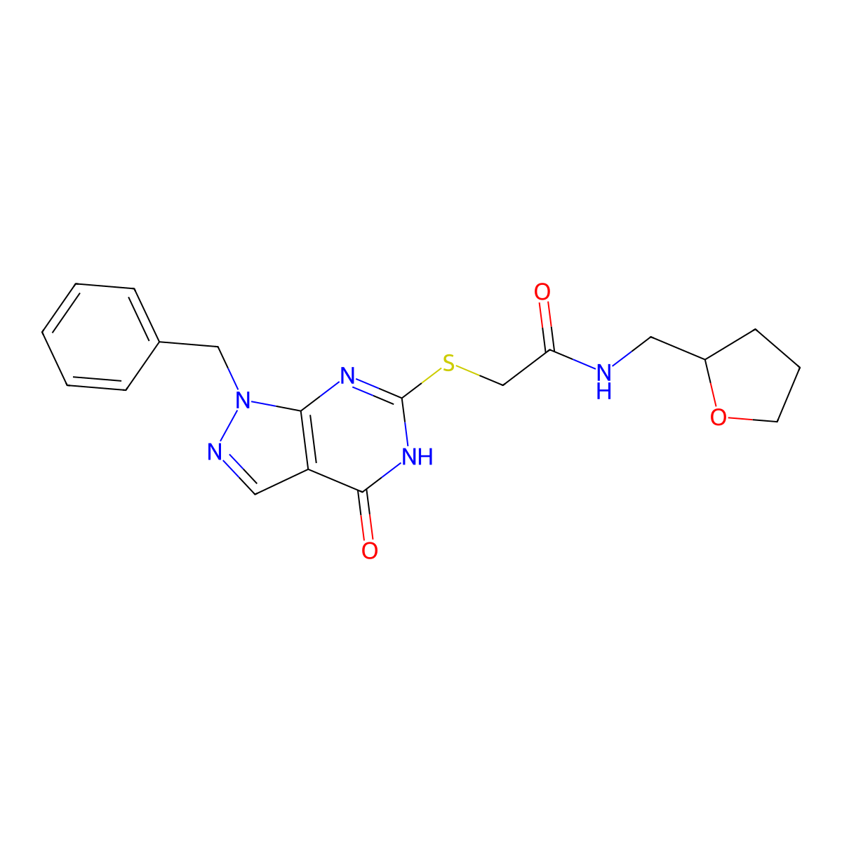 2-((1-benzyl-4-oxo-4,5-dihydro-1H-pyrazolo[3,4-d]pyrimidin-6-yl)thio)-N-((tetrahydrofuran-2-yl)methyl)acetamide molecular structure, CAS 1207035-88-8