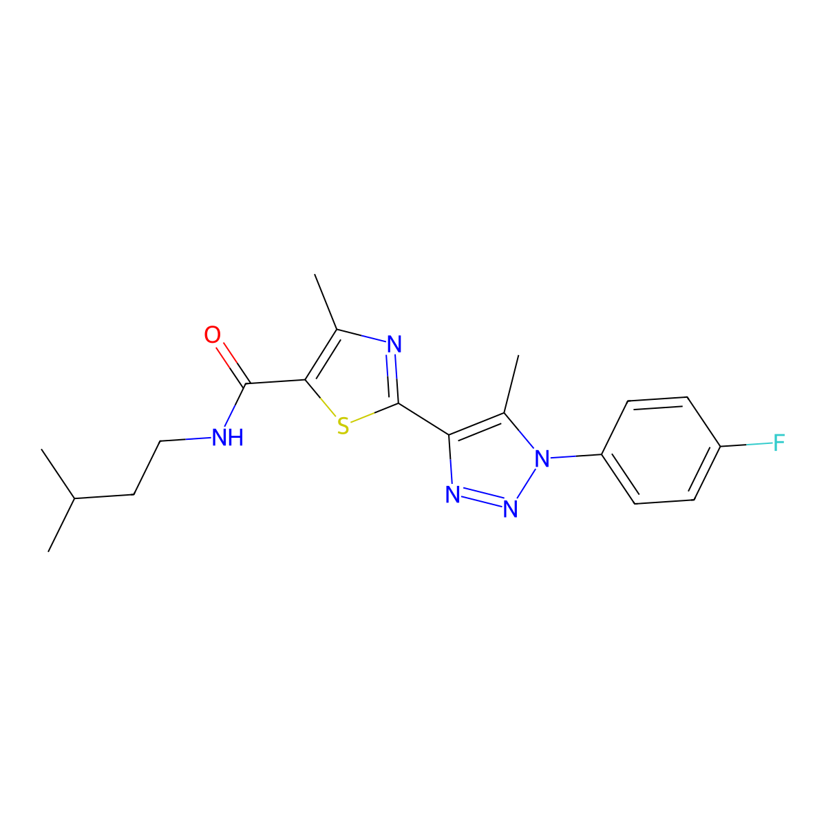 2-(1-(4-fluorophenyl)-5-methyl-1H-1,2,3-triazol-4-yl)-N-isopentyl-4-methylthiazole-5-carboxamide molecular structure, CAS 1207035-96-8