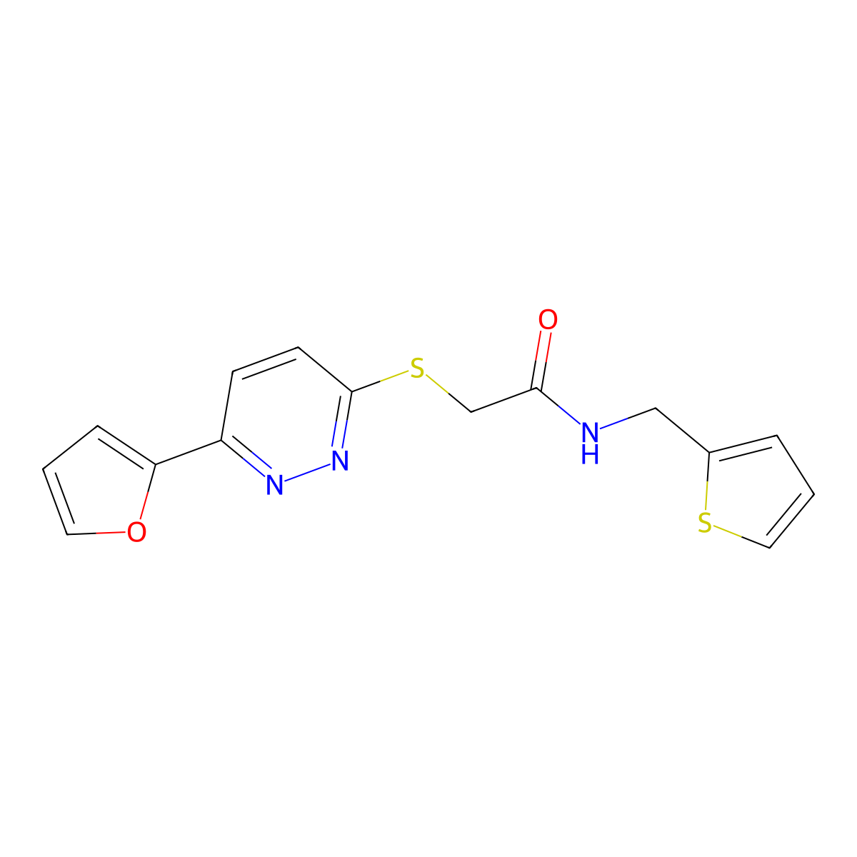 2-((6-(furan-2-yl)pyridazin-3-yl)thio)-N-(thiophen-2-ylmethyl)acetamide molecular structure, CAS 1207036-00-7