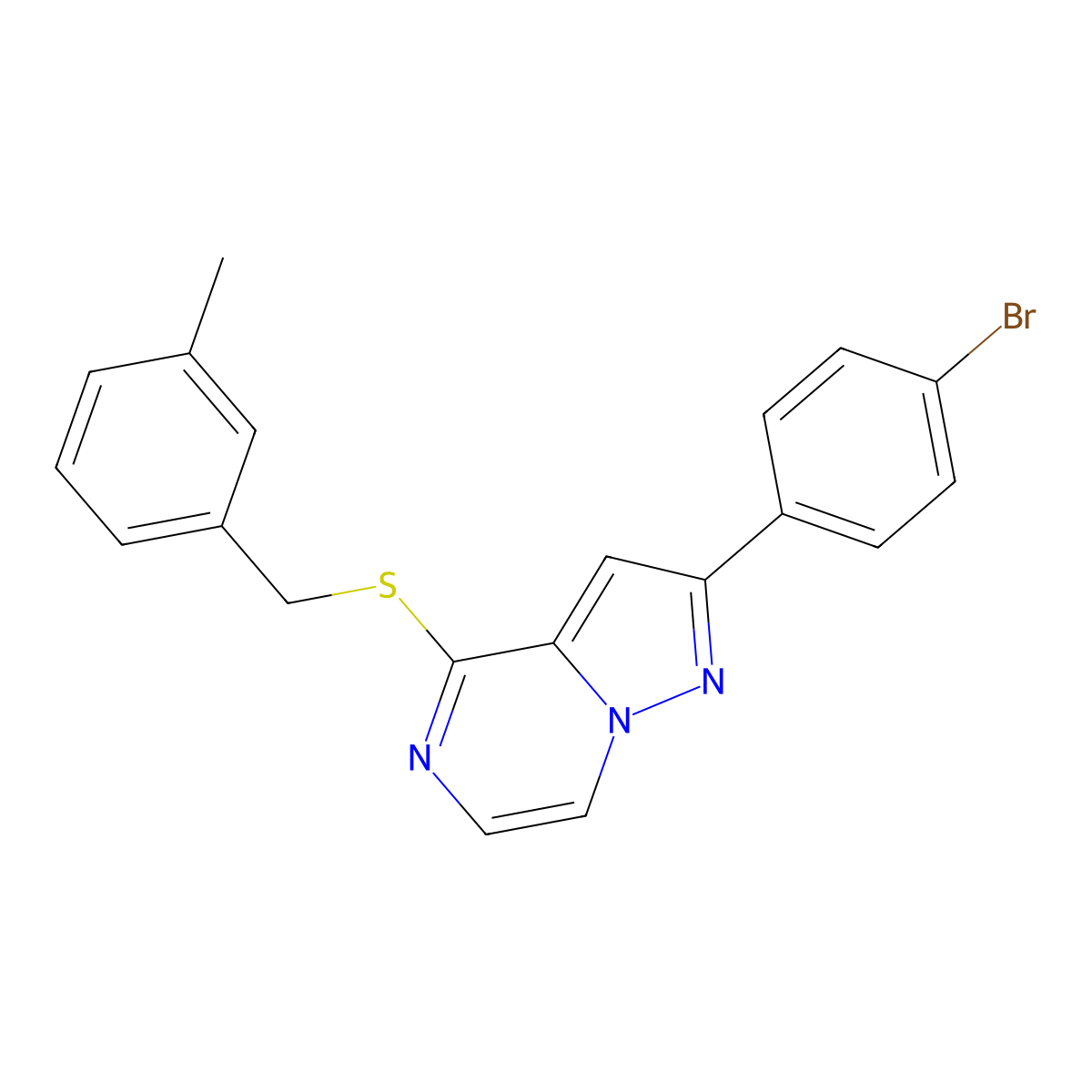 2-(4-Bromophenyl)-4-[(3-methylbenzyl)thio]pyrazolo[1,5-a]pyrazine molecular structure, CAS 1207036-08-5