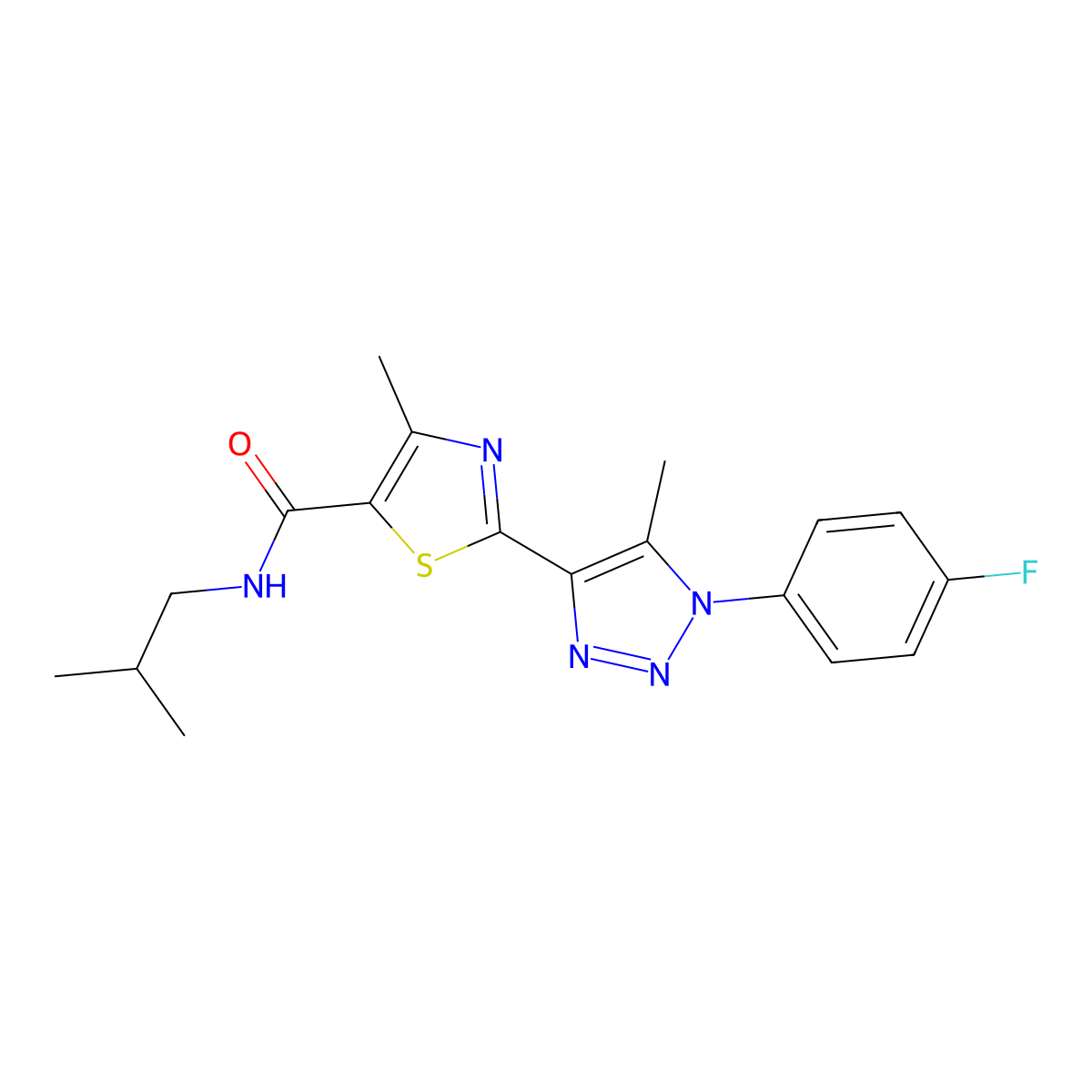 2-(1-(4-fluorophenyl)-5-methyl-1H-1,2,3-triazol-4-yl)-N-isobutyl-4-methylthiazole-5-carboxamide molecular structure, CAS 1207036-21-2