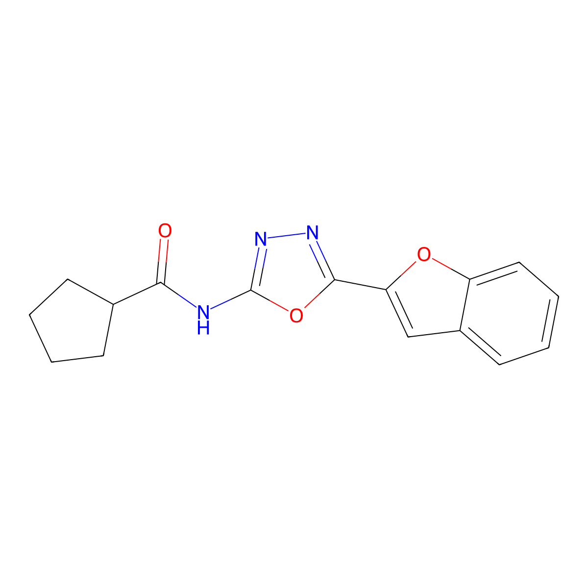 N-(5-(benzofuran-2-yl)-1,3,4-oxadiazol-2-yl)cyclopentanecarboxamide molecular structure, CAS 1207036-24-5
