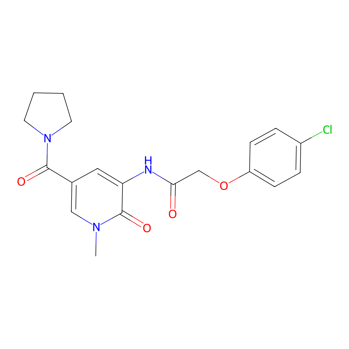2-(4-chlorophenoxy)-N-(1-methyl-2-oxo-5-(pyrrolidine-1-carbonyl)-1,2-dihydropyridin-3-yl)acetamide molecular structure, CAS 1207036-61-0