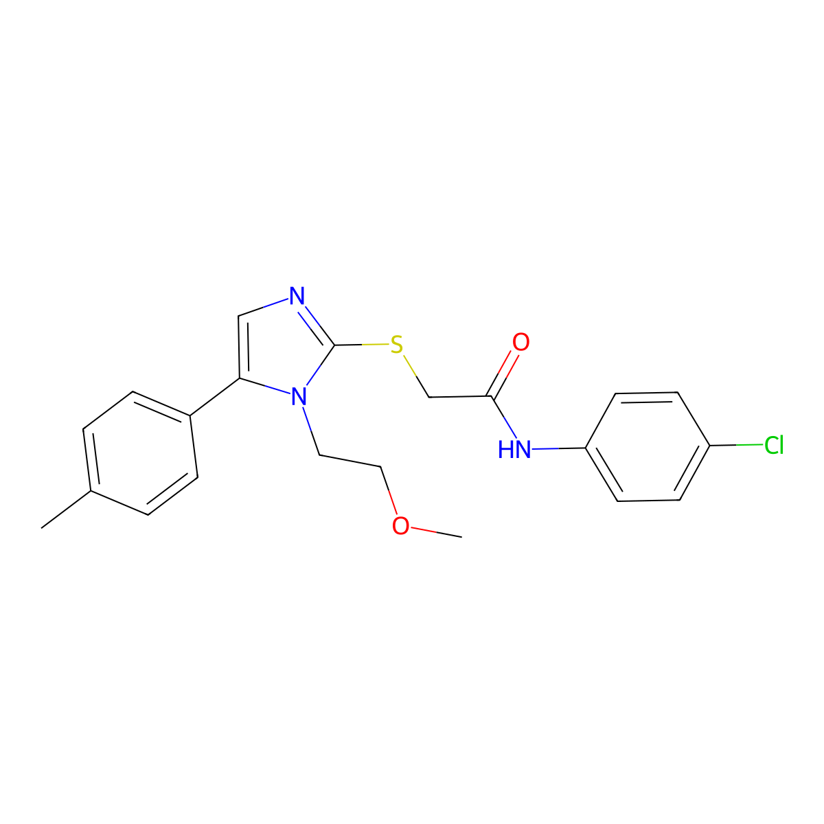 N-(4-chlorophenyl)-2-((1-(2-methoxyethyl)-5-(p-tolyl)-1H-imidazol-2-yl)thio)acetamide molecular structure, CAS 1207036-63-2