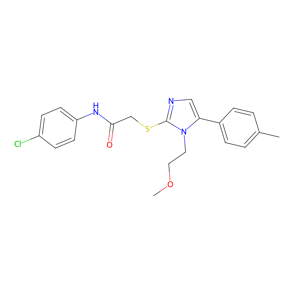 N-(4-chlorophenyl)-2-((1-(2-methoxyethyl)-5-(p-tolyl)-1H-imidazol-2-yl)thio)acetamide molecular structure, CAS 1207036-63-2