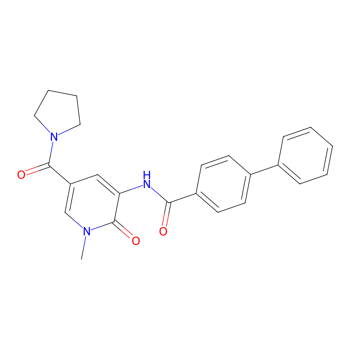 N-(1-methyl-2-oxo-5-(pyrrolidine-1-carbonyl)-1,2-dihydropyridin-3-yl)-[1,1'-biphenyl]-4-carboxamide molecular structure, CAS 1207036-68-7