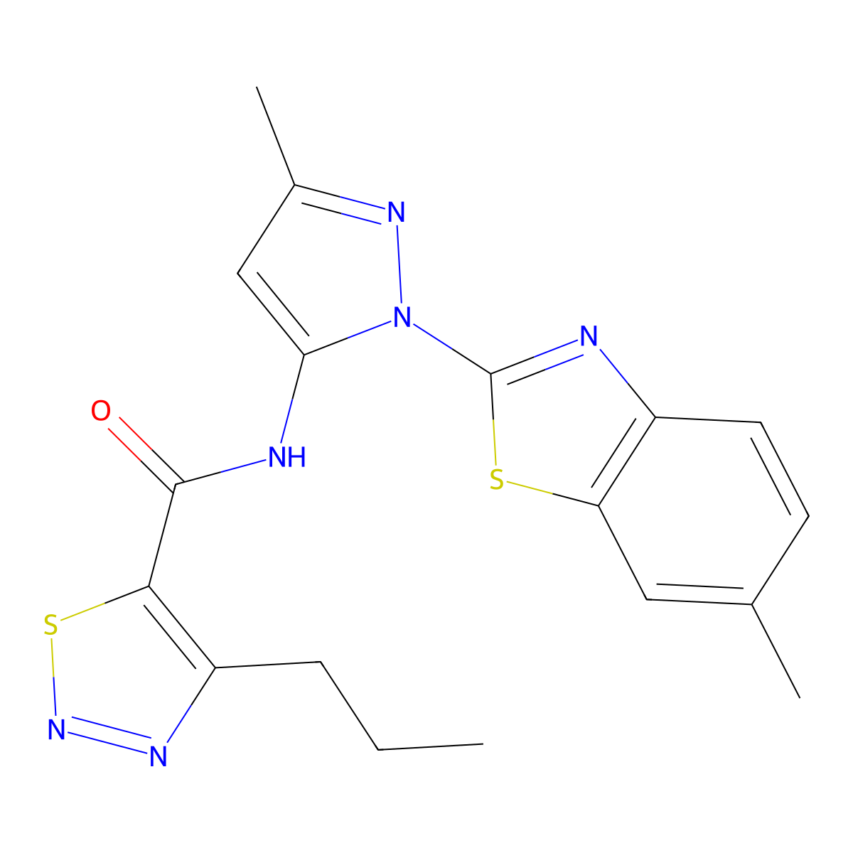 N-(3-methyl-1-(6-methylbenzo[d]thiazol-2-yl)-1H-pyrazol-5-yl)-4-propyl-1,2,3-thiadiazole-5-carboxamide molecular structure, CAS 1207036-74-5