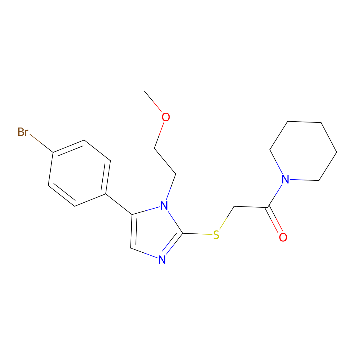 2-((5-(4-bromophenyl)-1-(2-methoxyethyl)-1H-imidazol-2-yl)thio)-1-(piperidin-1-yl)ethanone molecular structure, CAS 1207036-76-7