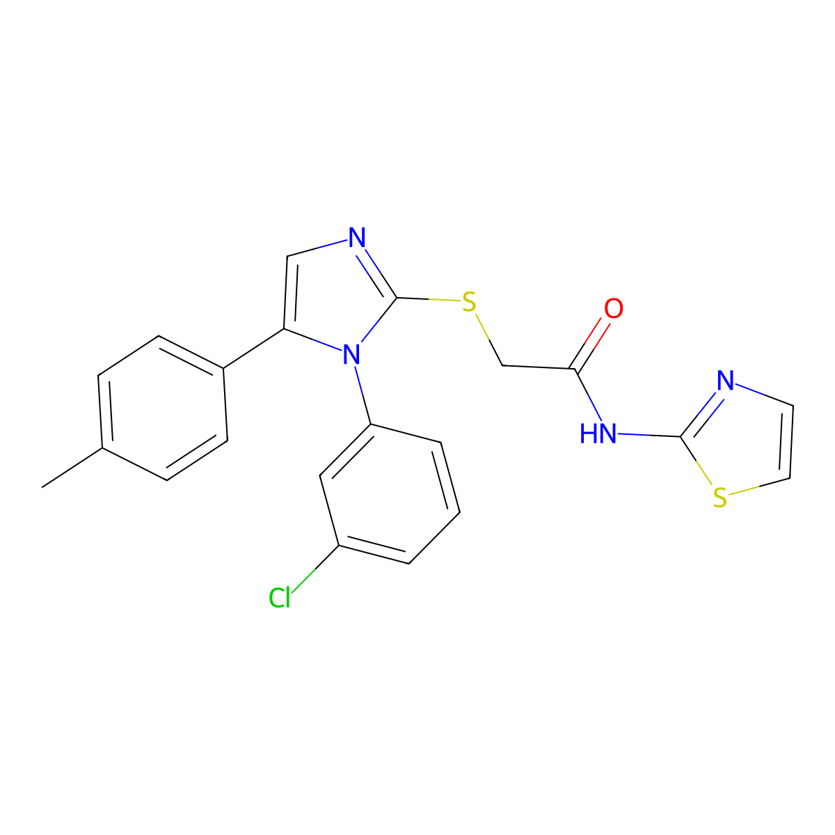 2-((1-(3-chlorophenyl)-5-(p-tolyl)-1H-imidazol-2-yl)thio)-N-(thiazol-2-yl)acetamide molecular structure, CAS 1207036-90-5
