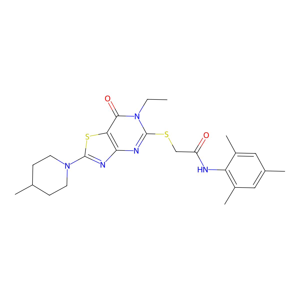 2-{[6-ethyl-2-(4-methylpiperidin-1-yl)-7-oxo-6H,7H-[1,3]thiazolo[4,5-d]pyrimidin-5-yl]sulfanyl}-N-(2,4,6-trimethylphenyl)acetamide molecular structure, CAS 1207036-99-4
