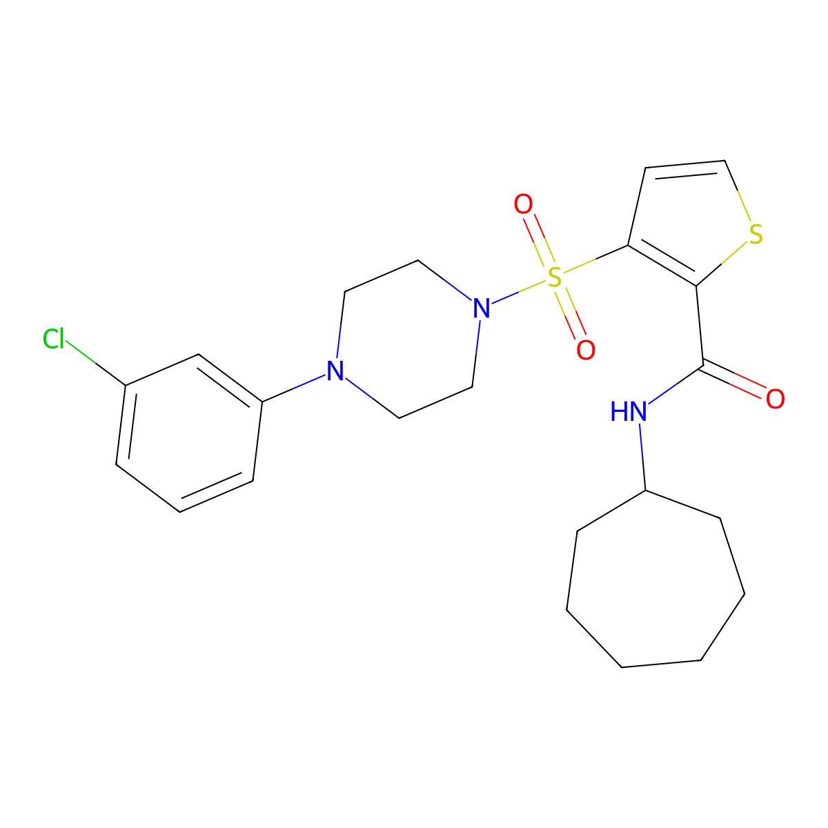 3-{[4-(3-chlorophenyl)piperazin-1-yl]sulfonyl}-N-cycloheptylthiophene-2-carboxamide molecular structure, CAS 1207037-00-0