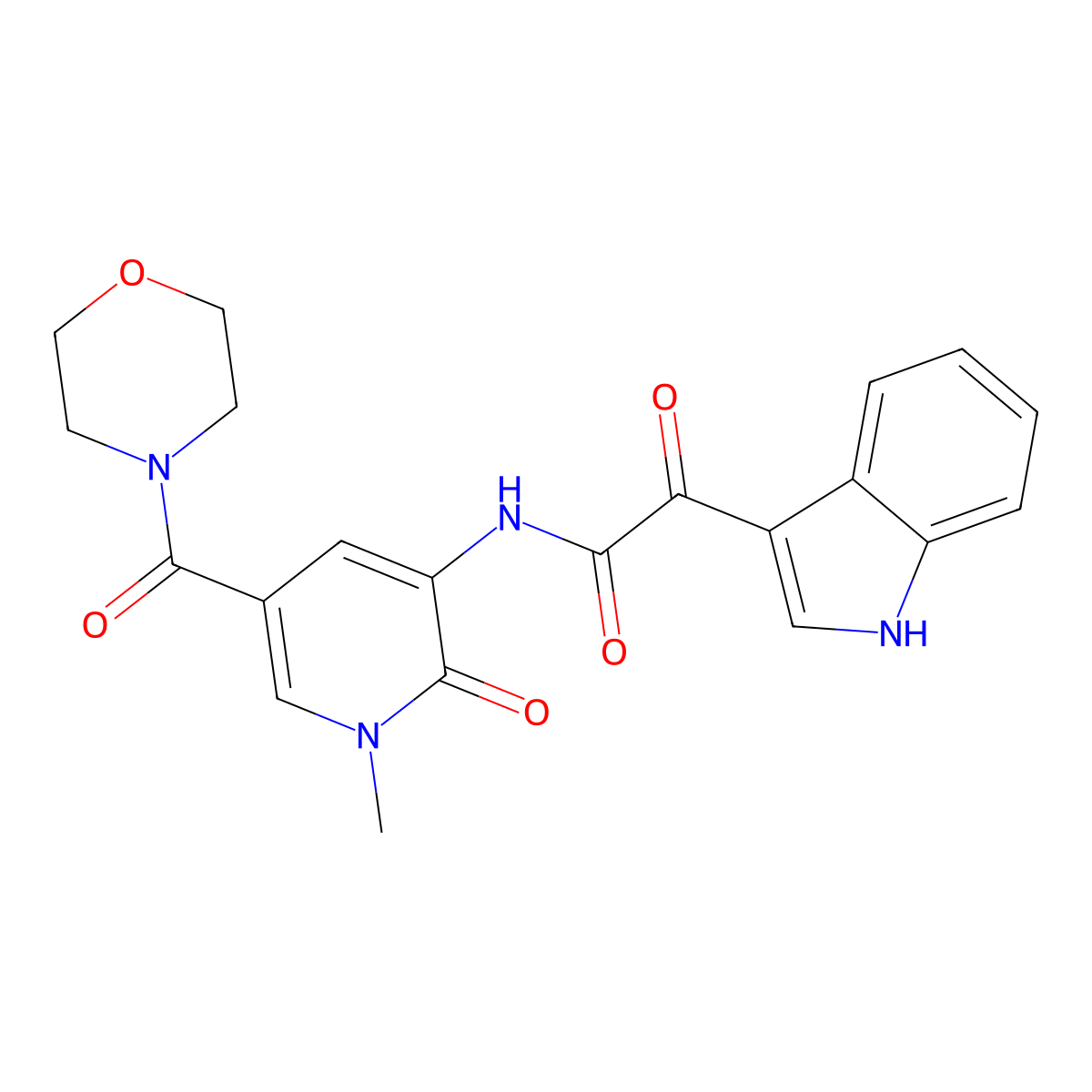 2-(1H-indol-3-yl)-N-(1-methyl-5-(morpholine-4-carbonyl)-2-oxo-1,2-dihydropyridin-3-yl)-2-oxoacetamide molecular structure, CAS 1207037-13-5