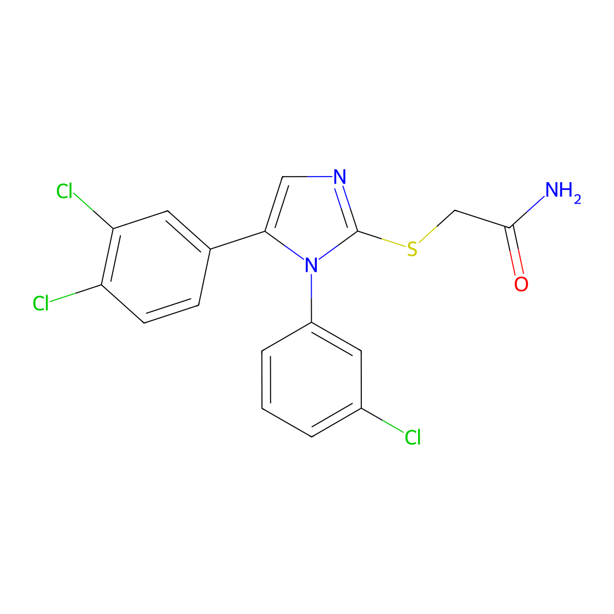 2-((1-(3-chlorophenyl)-5-(3,4-dichlorophenyl)-1H-imidazol-2-yl)thio)acetamide molecular structure, CAS 1207037-20-4