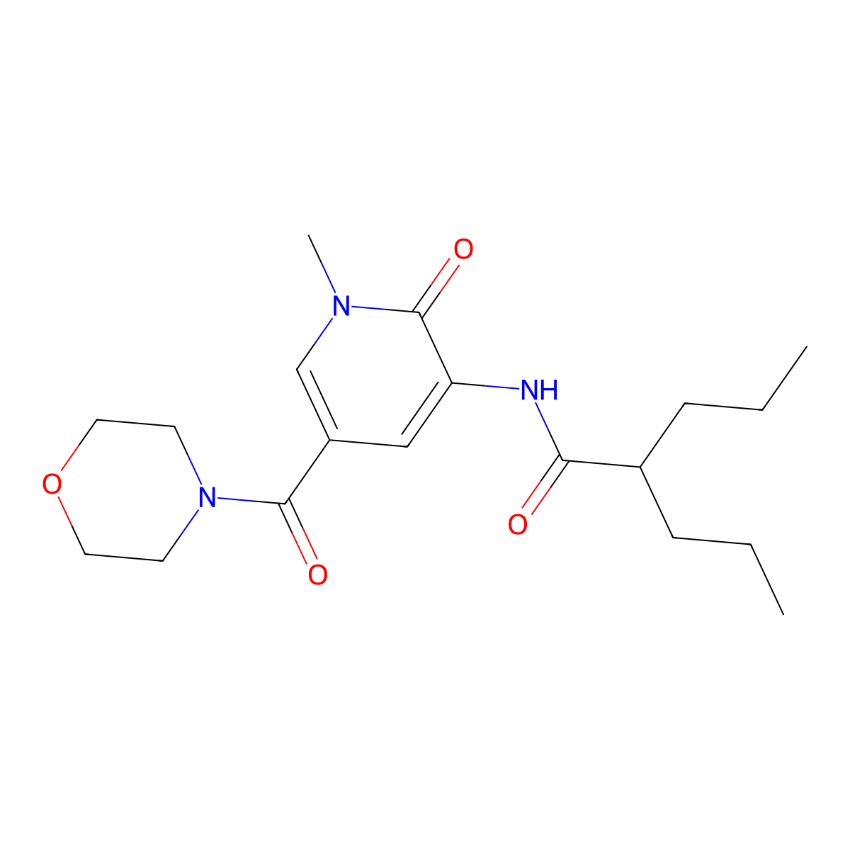N-[1-methyl-5-(morpholine-4-carbonyl)-2-oxo-1,2-dihydropyridin-3-yl]-2-propylpentanamide molecular structure, CAS 1207037-36-2