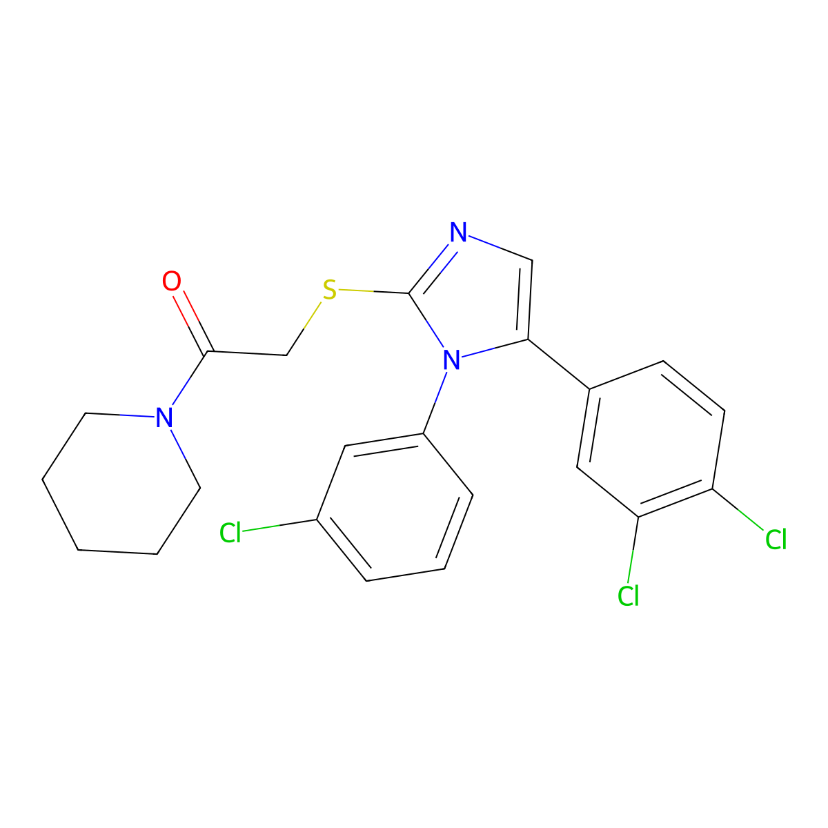 2-{[1-(3-chlorophenyl)-5-(3,4-dichlorophenyl)-1H-imidazol-2-yl]sulfanyl}-1-(piperidin-1-yl)ethan-1-one molecular structure, CAS 1207037-42-0