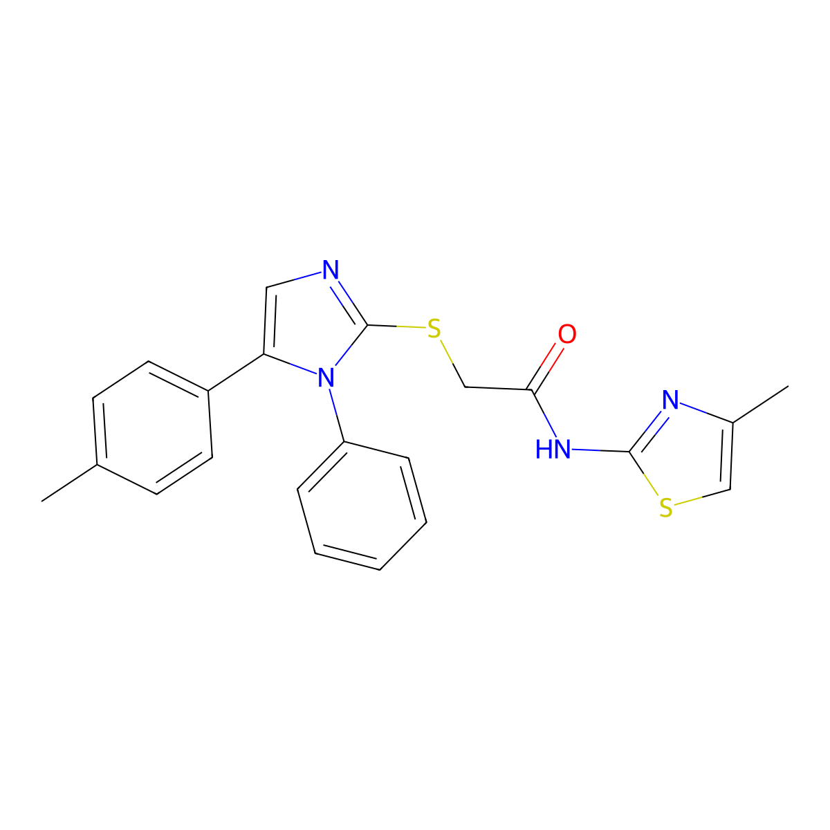 N-(4-methylthiazol-2-yl)-2-((1-phenyl-5-(p-tolyl)-1H-imidazol-2-yl)thio)acetamide molecular structure, CAS 1207037-50-0