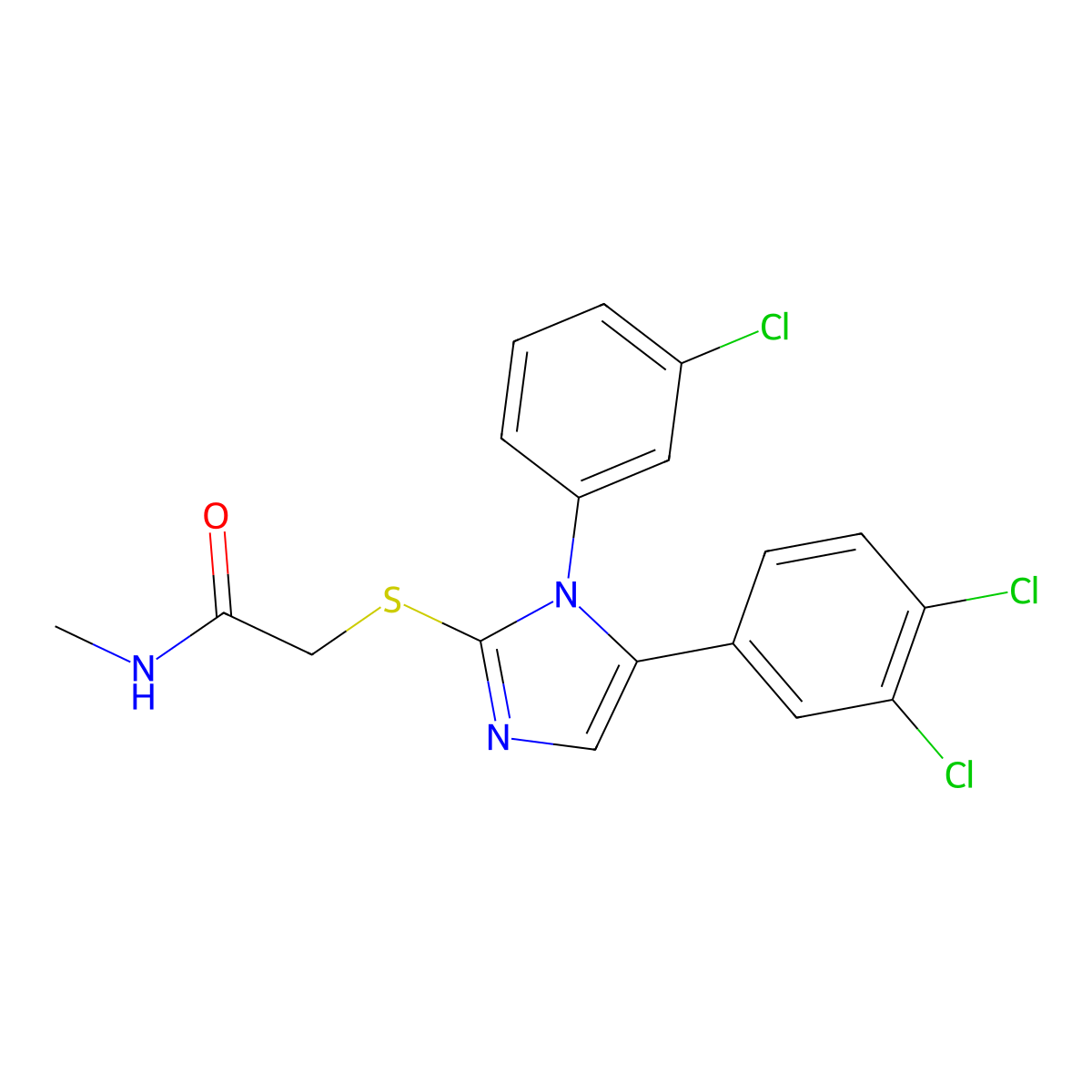 2-((1-(3-chlorophenyl)-5-(3,4-dichlorophenyl)-1H-imidazol-2-yl)thio)-N-methylacetamide molecular structure, CAS 1207037-51-1