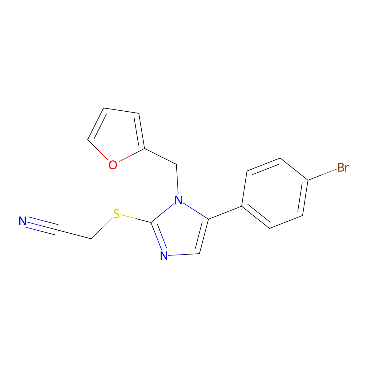 2-((5-(4-bromophenyl)-1-(furan-2-ylmethyl)-1H-imidazol-2-yl)thio)acetonitrile molecular structure, CAS 1207037-59-9