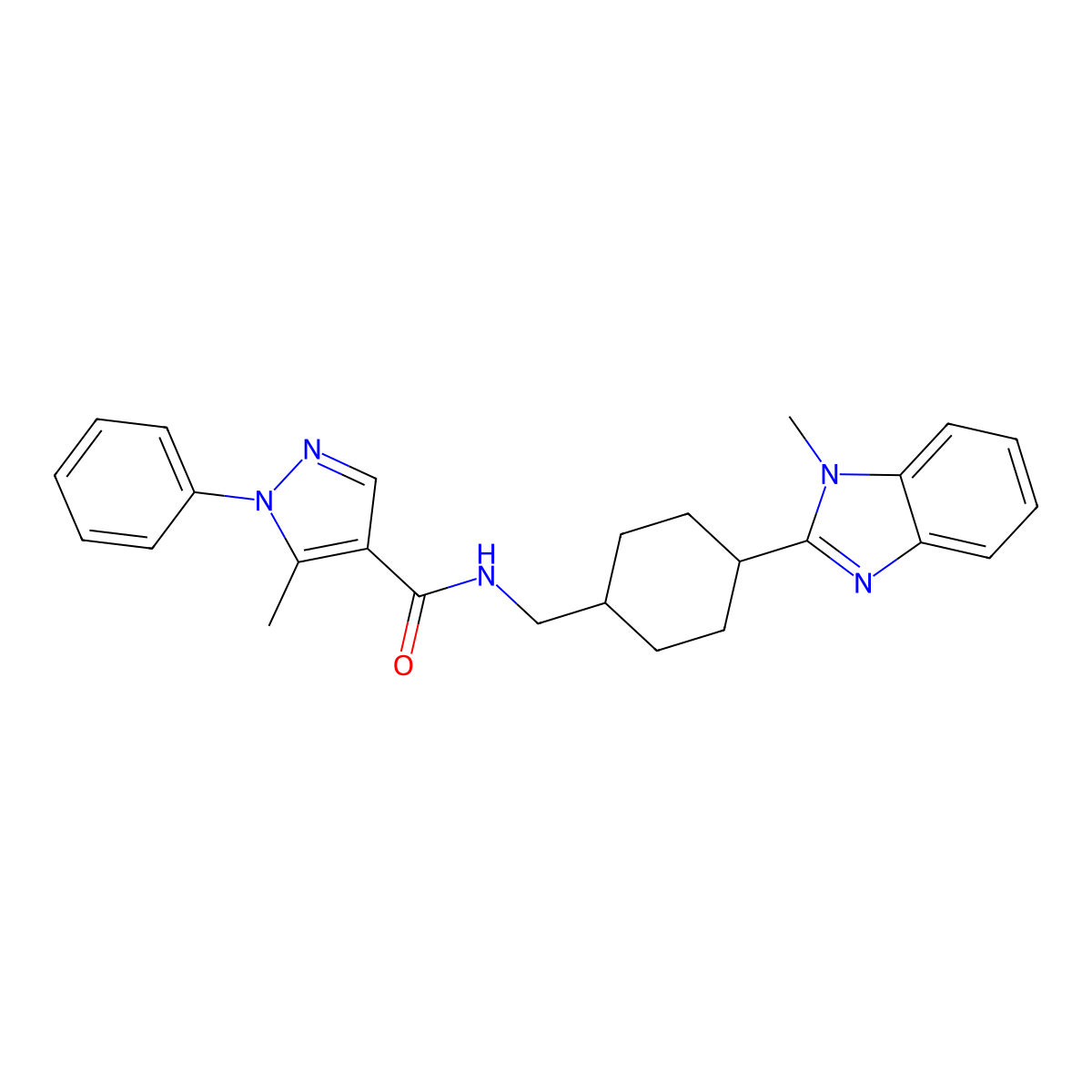 5-methyl-N-((4-(1-methyl-1H-benzo[d]imidazol-2-yl)cyclohexyl)methyl)-1-phenyl-1H-pyrazole-4-carboxamide molecular structure, CAS 1207037-86-2