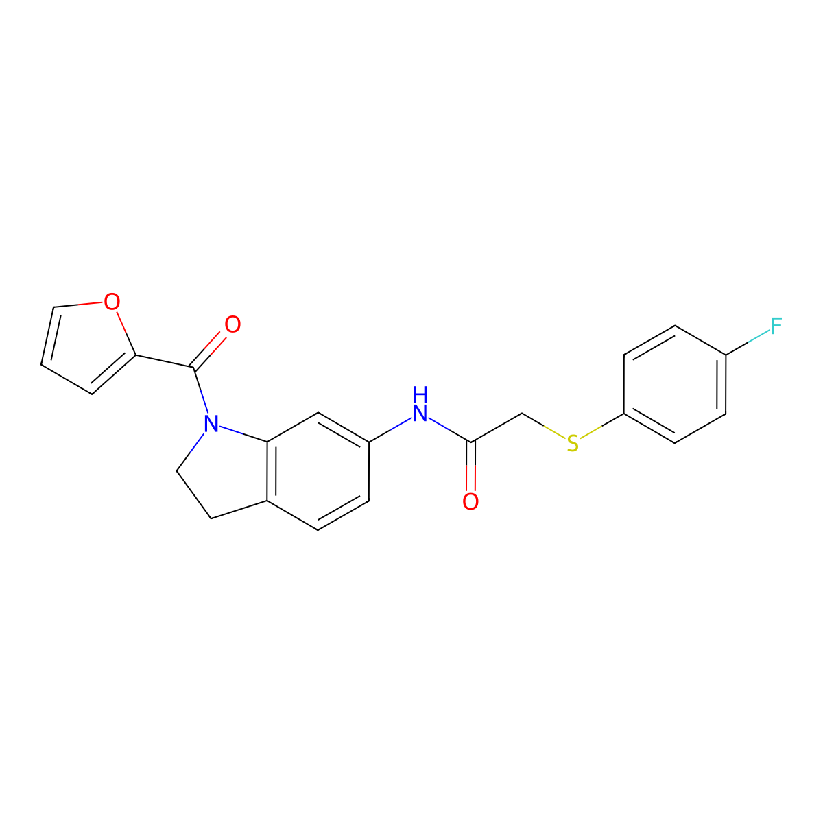 2-((4-fluorophenyl)thio)-N-(1-(furan-2-carbonyl)indolin-6-yl)acetamide molecular structure, CAS 1207037-87-3