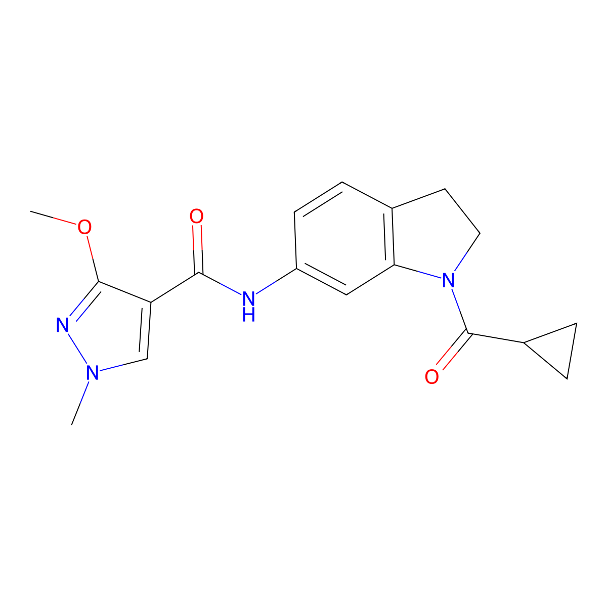 N-(1-(cyclopropanecarbonyl)indolin-6-yl)-3-methoxy-1-methyl-1H-pyrazole-4-carboxamide molecular structure, CAS 1207037-99-7