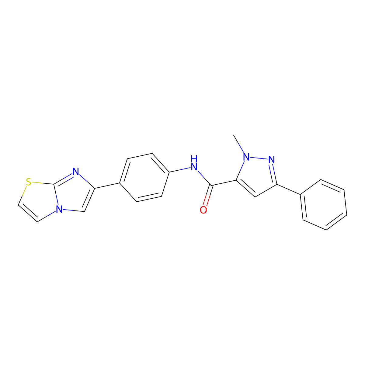 N-(4-(imidazo[2,1-b]thiazol-6-yl)phenyl)-1-methyl-3-phenyl-1H-pyrazole-5-carboxamide molecular structure, CAS 1207038-27-4