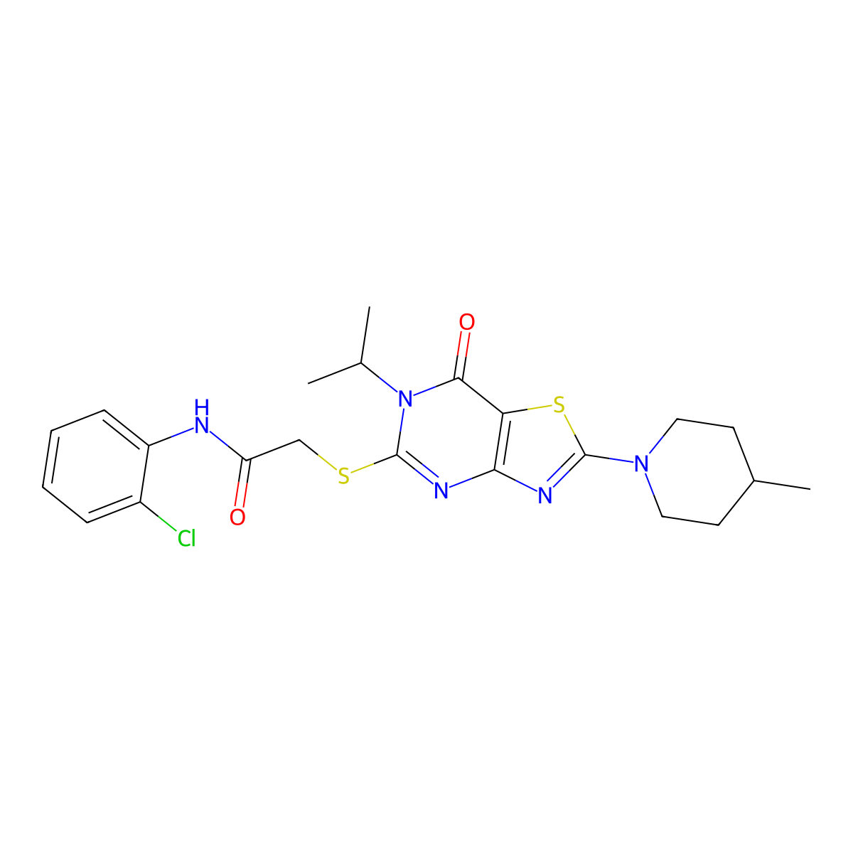 N~1~-(2-chlorophenyl)-2-{[6-isopropyl-2-(4-methylpiperidino)-7-oxo-6,7-dihydro[1,3]thiazolo[4,5-d]pyrimidin-5-yl]sulfanyl}acetamide molecular structure, CAS 1207038-33-2