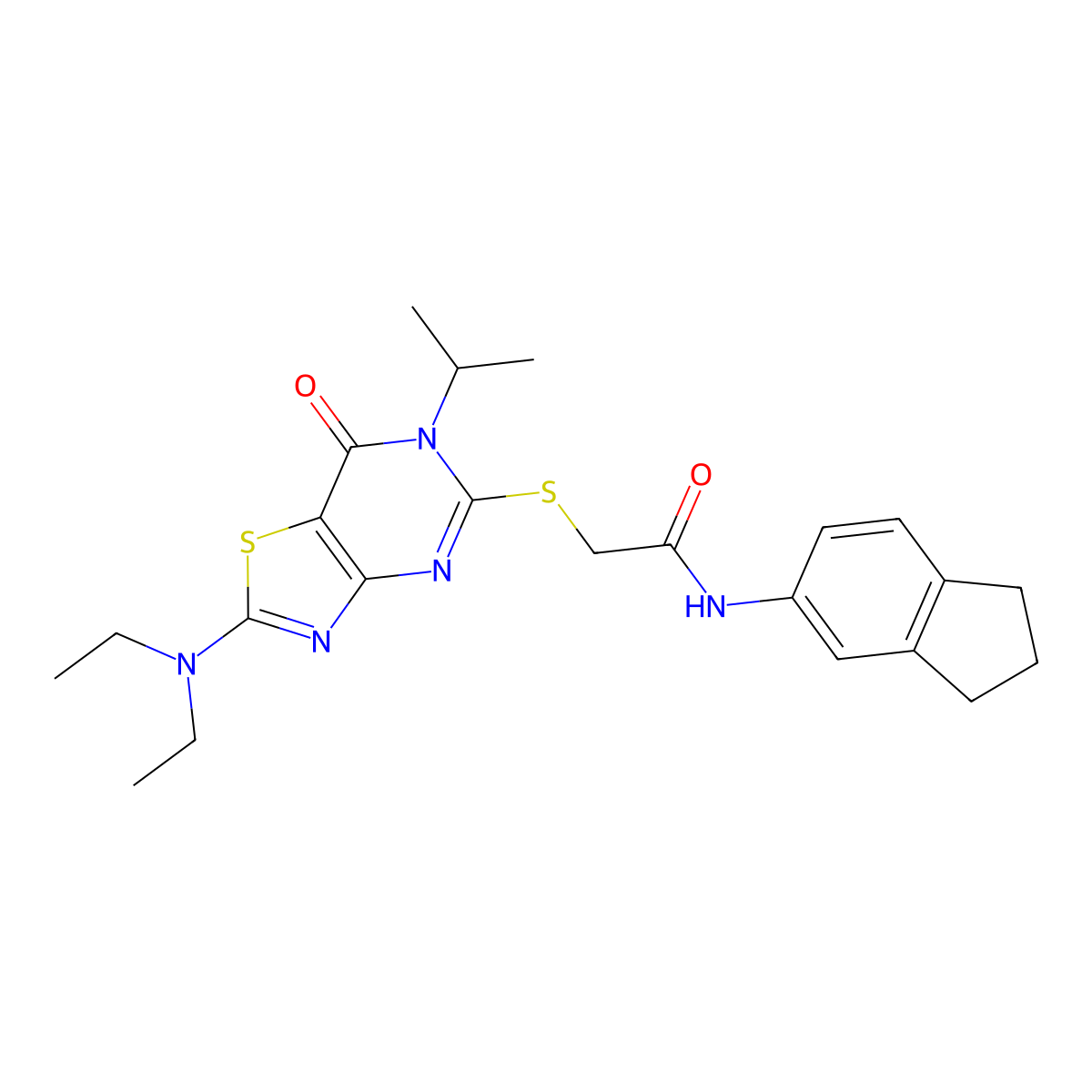 2-{[2-(diethylamino)-7-oxo-6-(propan-2-yl)-6H,7H-[1,3]thiazolo[4,5-d]pyrimidin-5-yl]sulfanyl}-N-(2,3-dihydro-1H-inden-5-yl)acetamide molecular structure, CAS 1207038-52-5