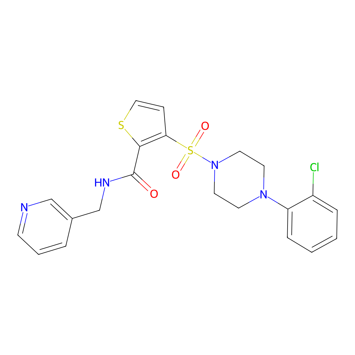 3-((4-(2-chlorophenyl)piperazin-1-yl)sulfonyl)-N-(pyridin-3-ylmethyl)thiophene-2-carboxamide molecular structure, CAS 1207038-59-2