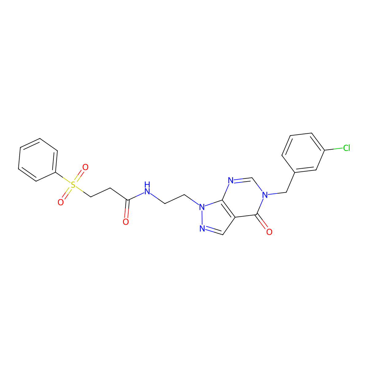 N-(2-(5-(3-chlorobenzyl)-4-oxo-4,5-dihydro-1H-pyrazolo[3,4-d]pyrimidin-1-yl)ethyl)-3-(phenylsulfonyl)propanamide molecular structure, CAS 1207038-61-6