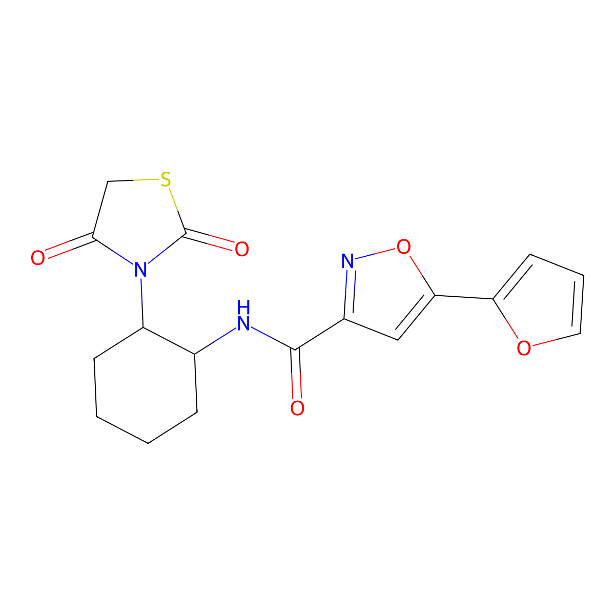N-(2-(2,4-dioxothiazolidin-3-yl)cyclohexyl)-5-(furan-2-yl)isoxazole-3-carboxamide molecular structure, CAS 1207038-68-3
