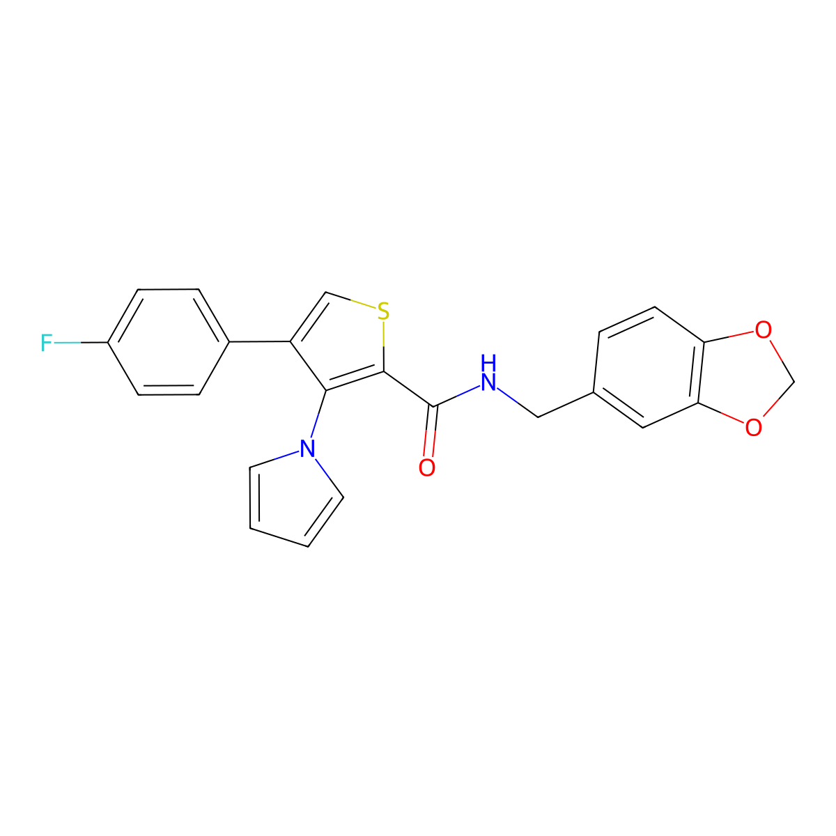 N-[(2H-1,3-benzodioxol-5-yl)methyl]-4-(4-fluorophenyl)-3-(1H-pyrrol-1-yl)thiophene-2-carboxamide molecular structure, CAS 1207038-71-8