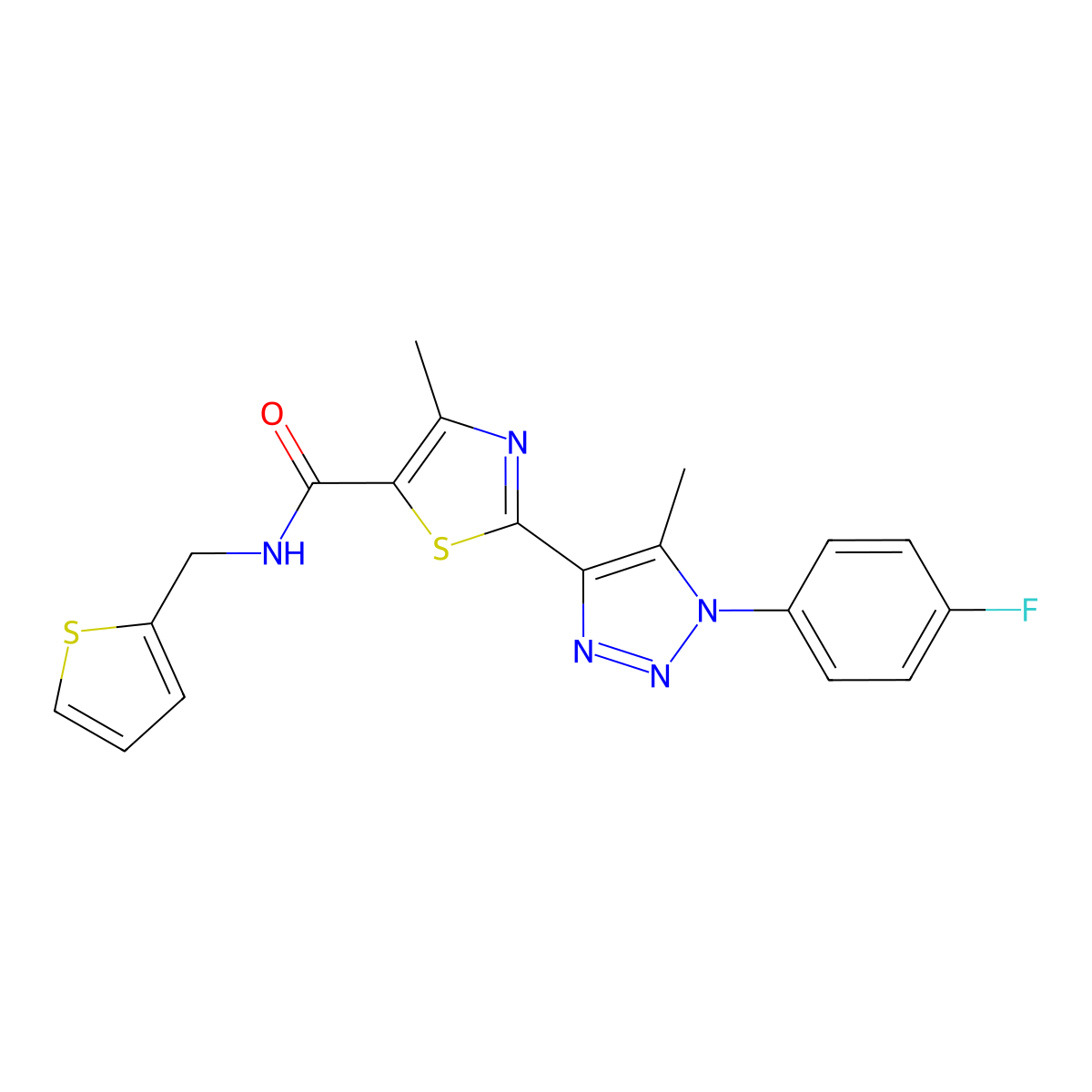 2-(1-(4-fluorophenyl)-5-methyl-1H-1,2,3-triazol-4-yl)-4-methyl-N-(thiophen-2-ylmethyl)thiazole-5-carboxamide molecular structure, CAS 1207038-76-3