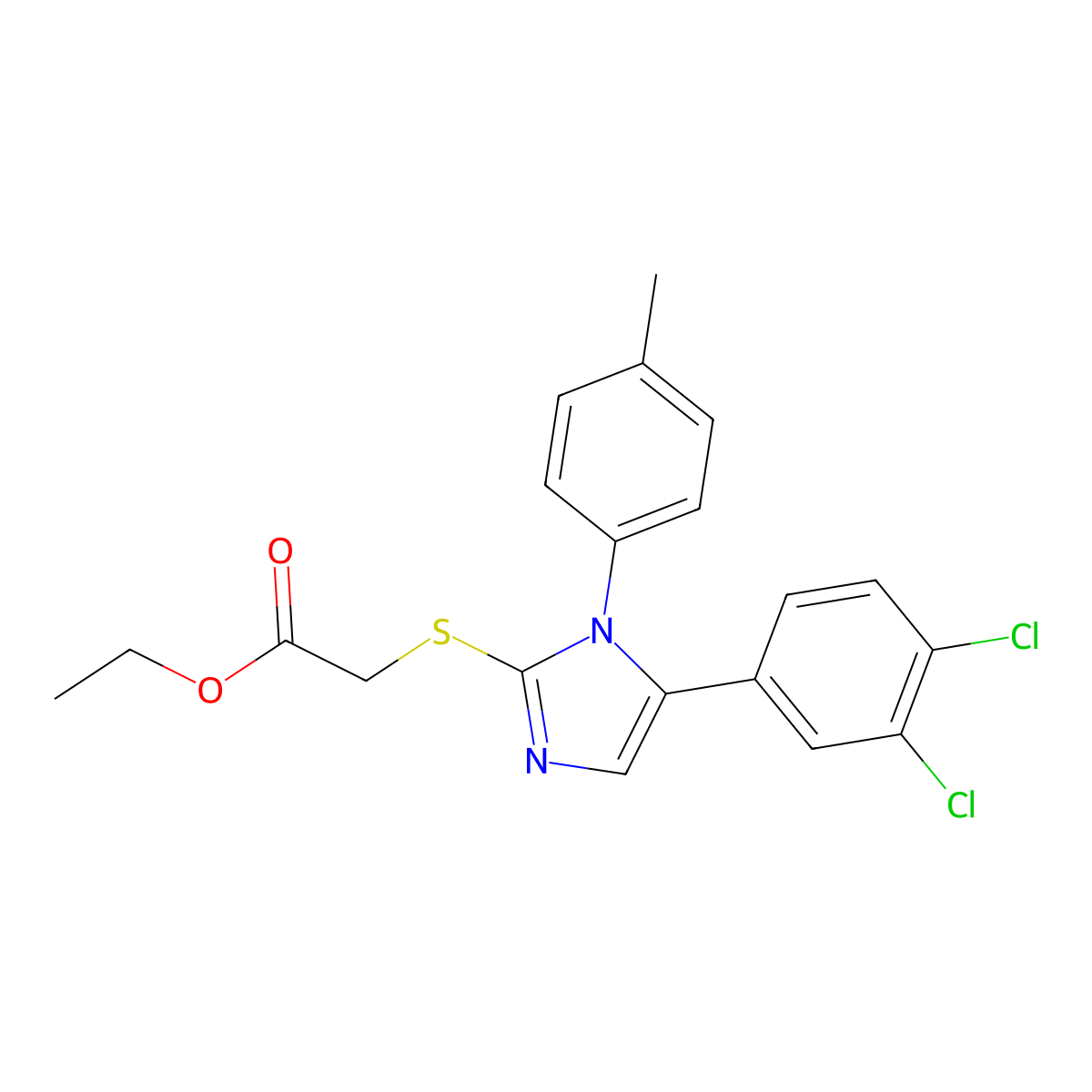 ethyl 2-((5-(3,4-dichlorophenyl)-1-(p-tolyl)-1H-imidazol-2-yl)thio)acetate molecular structure, CAS 1207038-81-0