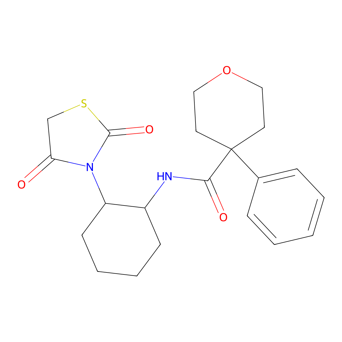 N-(2-(2,4-dioxothiazolidin-3-yl)cyclohexyl)-4-phenyltetrahydro-2H-pyran-4-carboxamide molecular structure, CAS 1207038-83-2