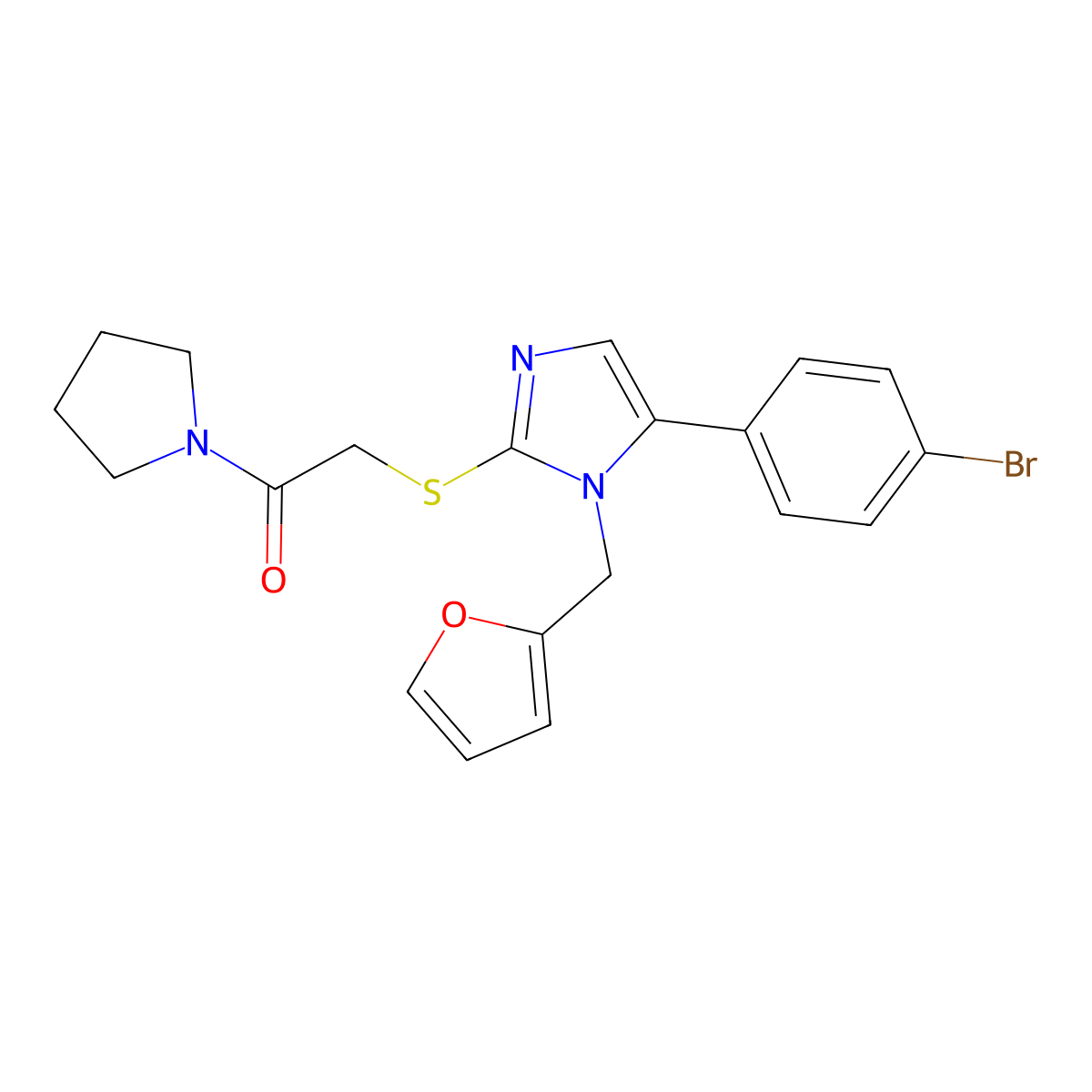 2-((5-(4-bromophenyl)-1-(furan-2-ylmethyl)-1H-imidazol-2-yl)thio)-1-(pyrrolidin-1-yl)ethanone molecular structure, CAS 1207038-88-7