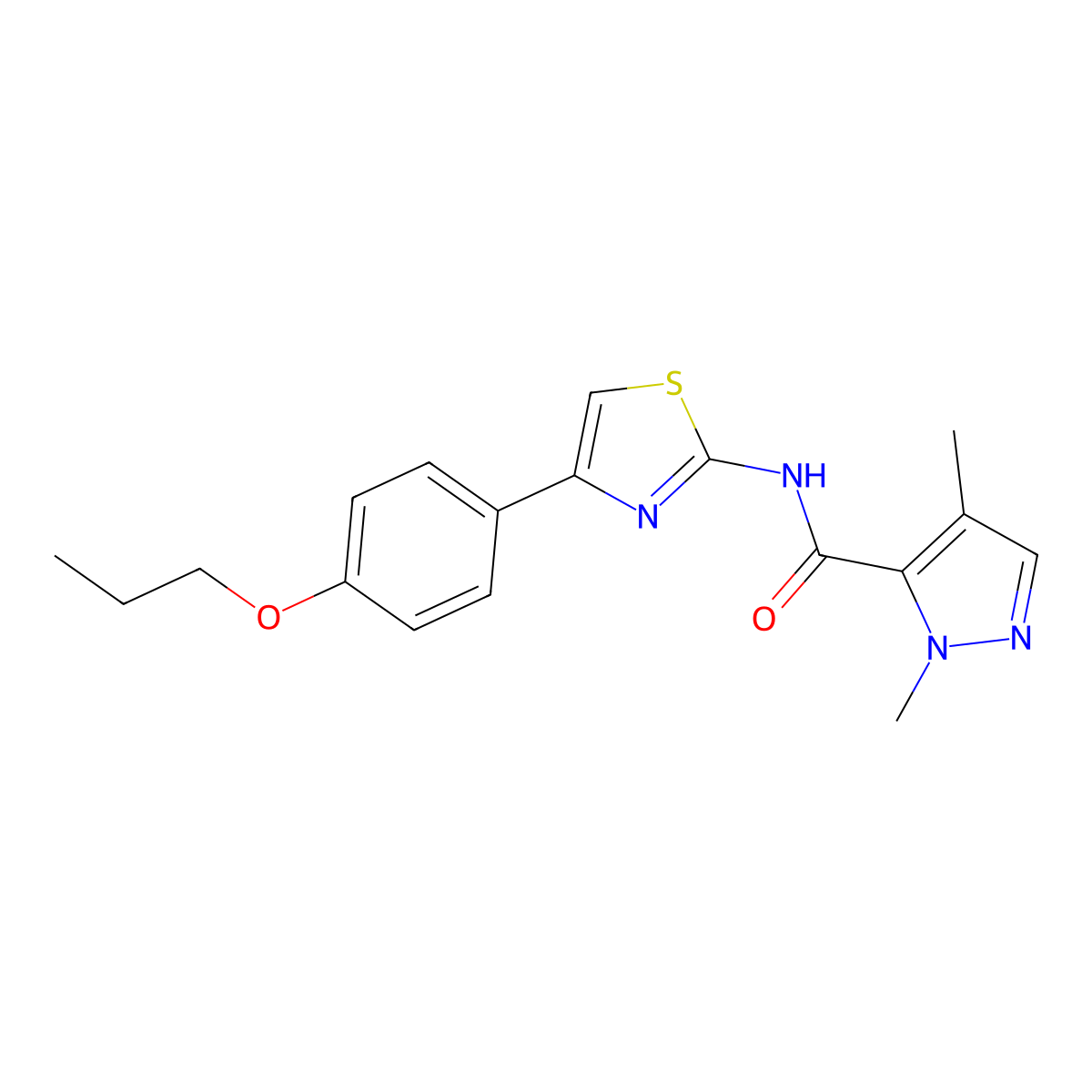 1,4-dimethyl-N-(4-(4-propoxyphenyl)thiazol-2-yl)-1H-pyrazole-5-carboxamide molecular structure, CAS 1207038-92-3