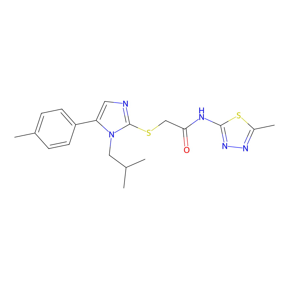 2-((1-isobutyl-5-(p-tolyl)-1H-imidazol-2-yl)thio)-N-(5-methyl-1,3,4-thiadiazol-2-yl)acetamide molecular structure, CAS 1207039-07-3