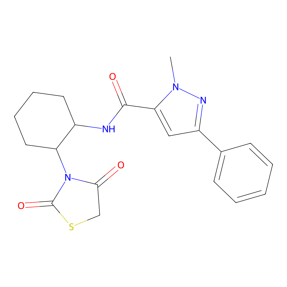 N-(2-(2,4-dioxothiazolidin-3-yl)cyclohexyl)-1-methyl-3-phenyl-1H-pyrazole-5-carboxamide molecular structure, CAS 1207039-09-5